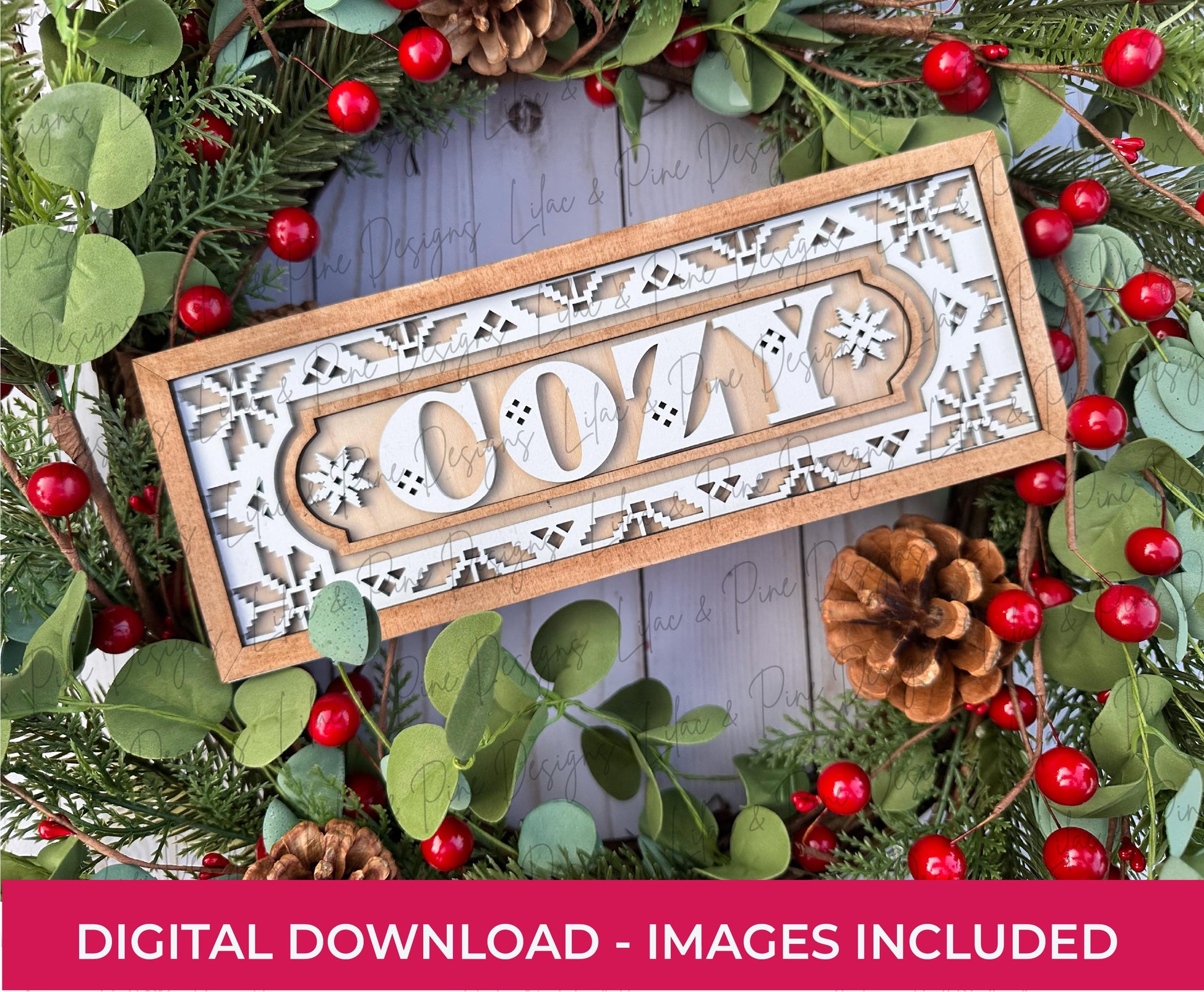 Cozy Winter sign SVG - Rectangular Nordic style design - Layered Christmas Laser cut file for: Glowforge, xTool, Lightburn