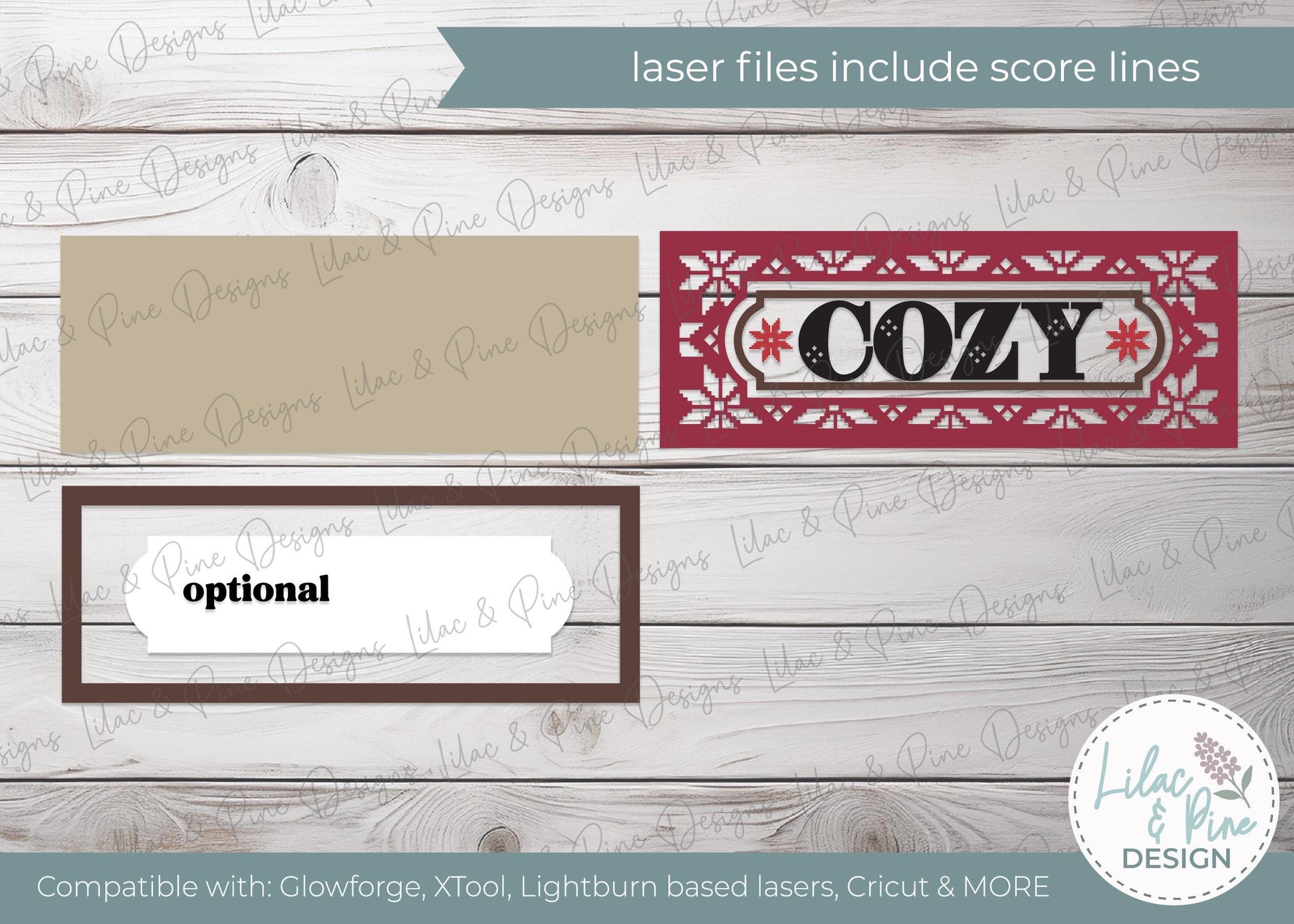 Cozy Winter sign SVG - Rectangular Nordic style design - Layered Christmas Laser cut file for: Glowforge, xTool, Lightburn