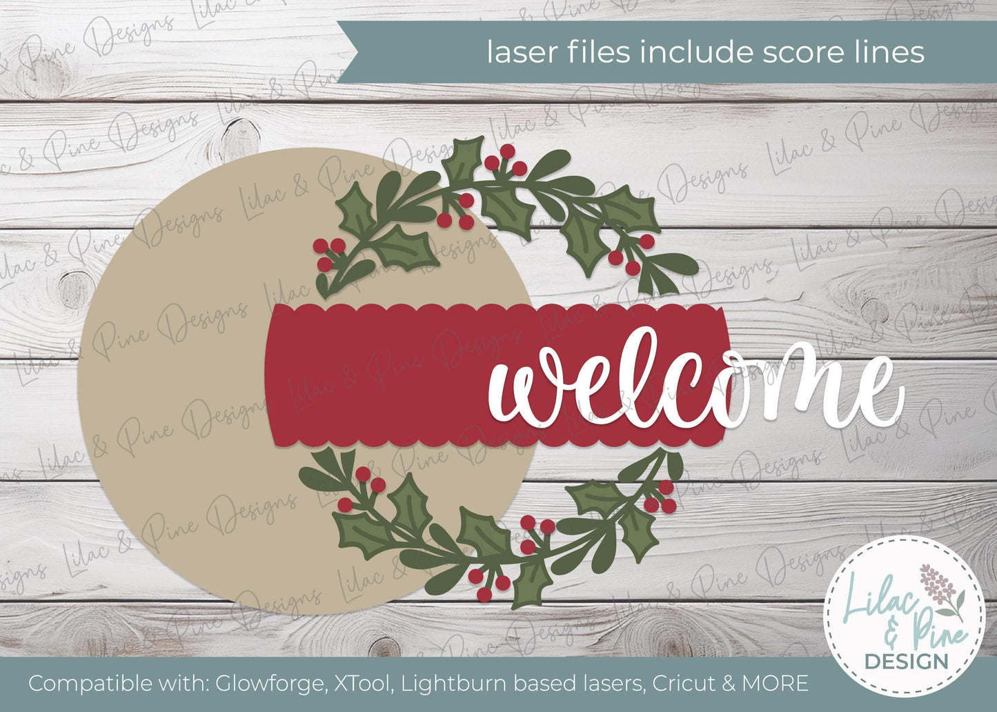 Holly Wreath Welcome sign - Christmas Door Hanger SVG - Cricut Holiday Round Sign - laser cut file: Glowforge, xTool, Lightburn