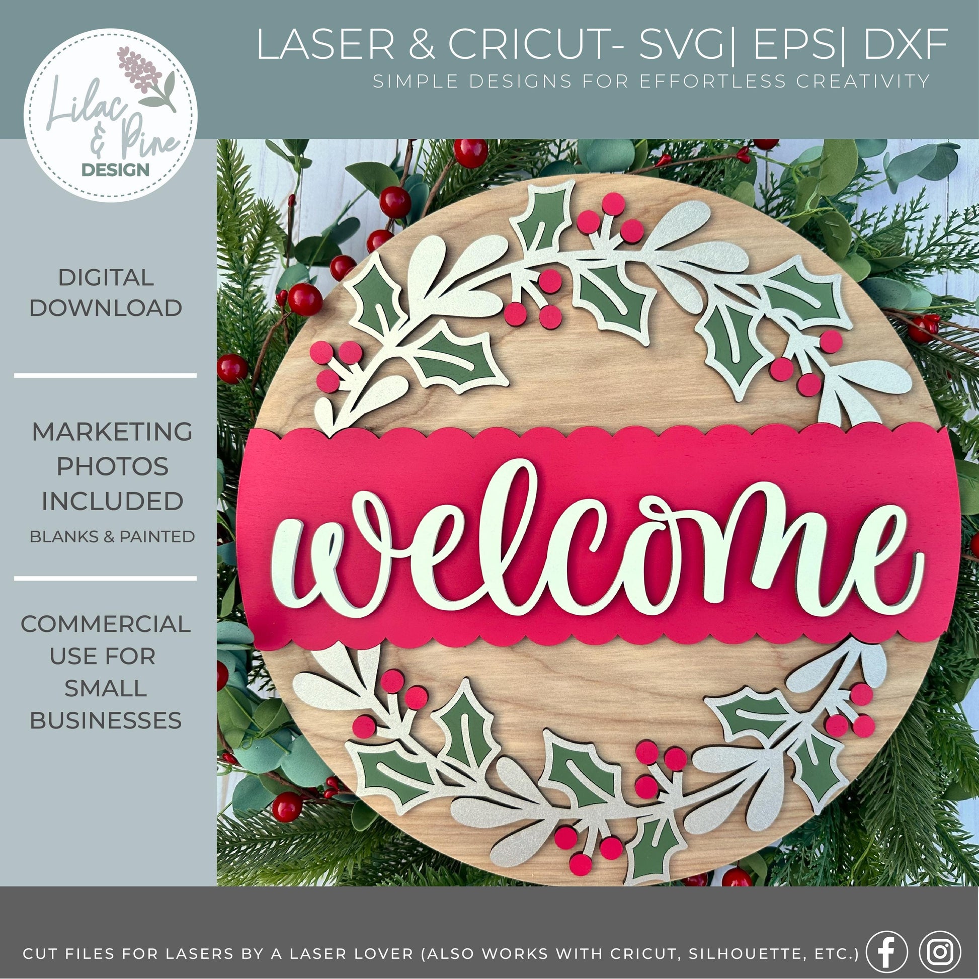 Holly Wreath Welcome sign - Christmas Door Hanger SVG - Cricut Holiday Round Sign - laser cut file: Glowforge, xTool, Lightburn