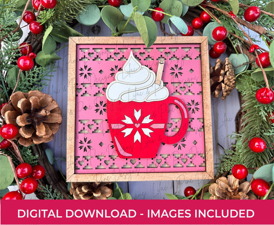 Cocoa Mug sign SVG - Square Nordic style design for: Christmas, winter or Valentines Day - Laser cut file - Glowforge, xTool, Lightburn