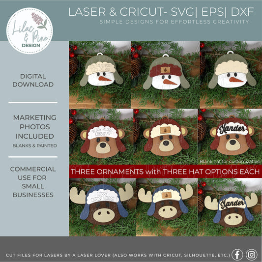 Cute Christmas Ornament SVG Set – Snowman, Bear, Moose Bundle with Customizable Hat – Laser Cut File for Glowforge, xTool, Lightburn