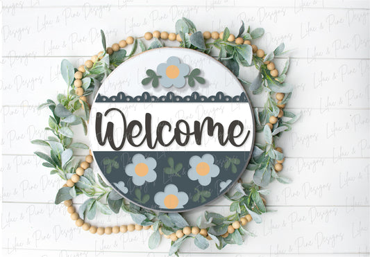 Mod Daisy Welcome sign, Daisy door hanger, round floral sign, Glowforge SVG, laser cut file