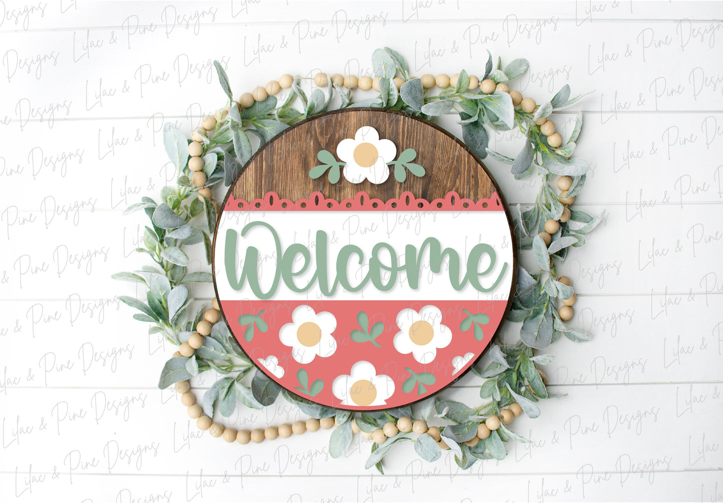 Mod Daisy Welcome sign, Daisy door hanger, round floral sign, Glowforge SVG, laser cut file