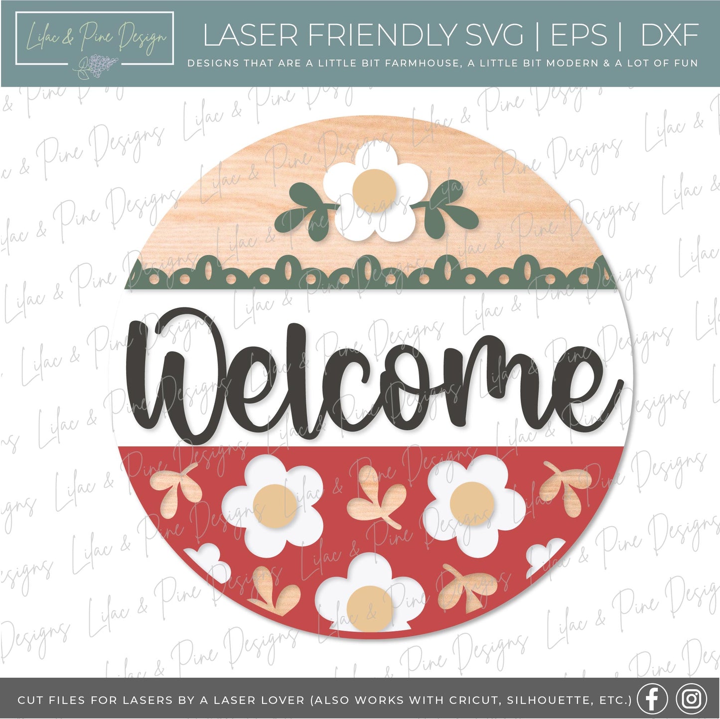 Mod Daisy Welcome sign, Daisy door hanger, round floral sign, Glowforge SVG, laser cut file