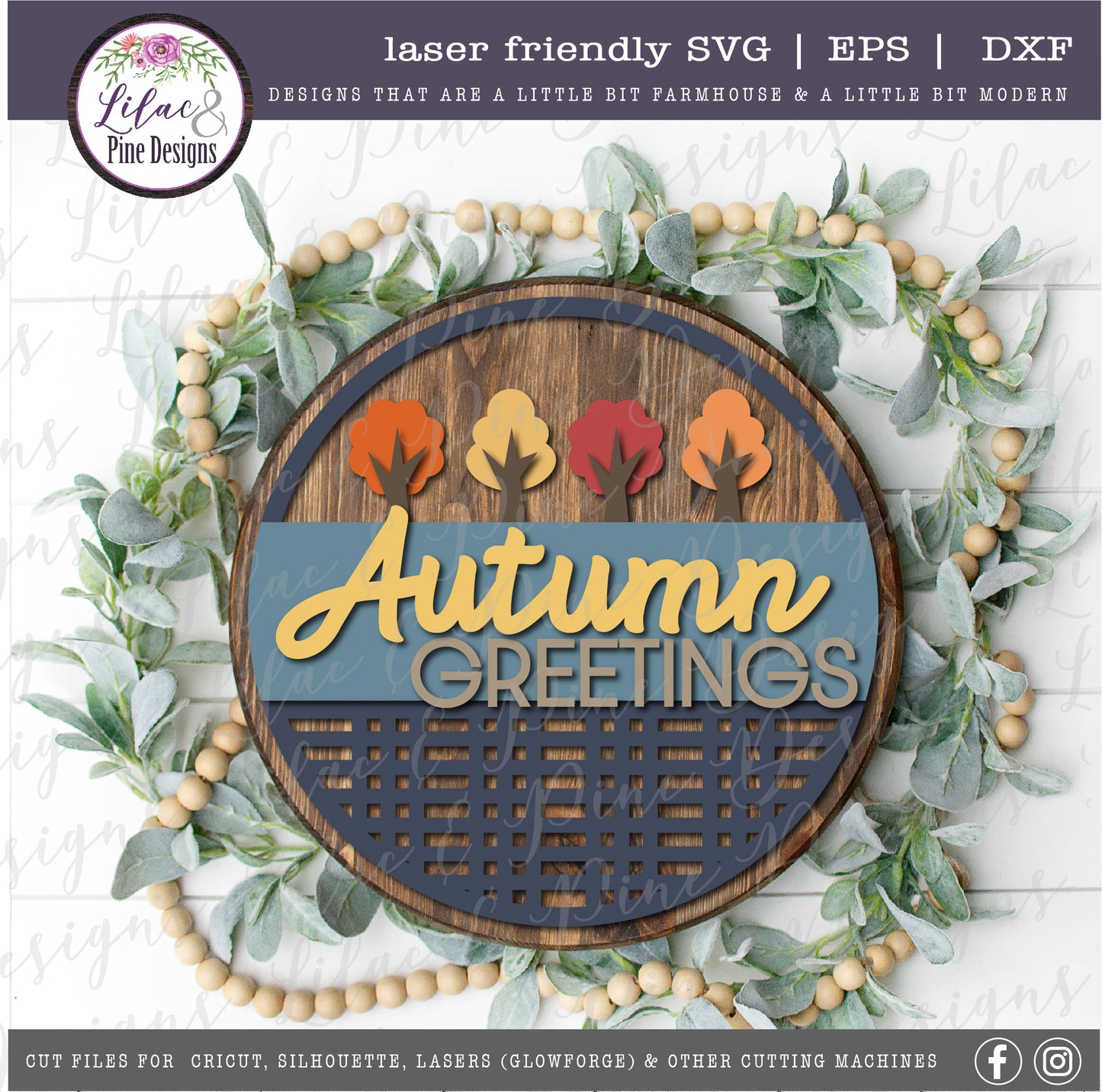 Autumn Greetings round sign SVG, fall porch decor SVG, laser cut file, Glowforge SVG