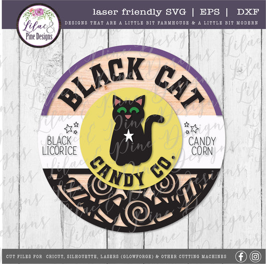 Black Cat Candy Co Sign SVG, Halloween Welcome SVG, Spooky SVG, Black Cat SVG, Door Round, Happy Halloween SVG, Halloween decor, laser cut file, Glowforge SVG