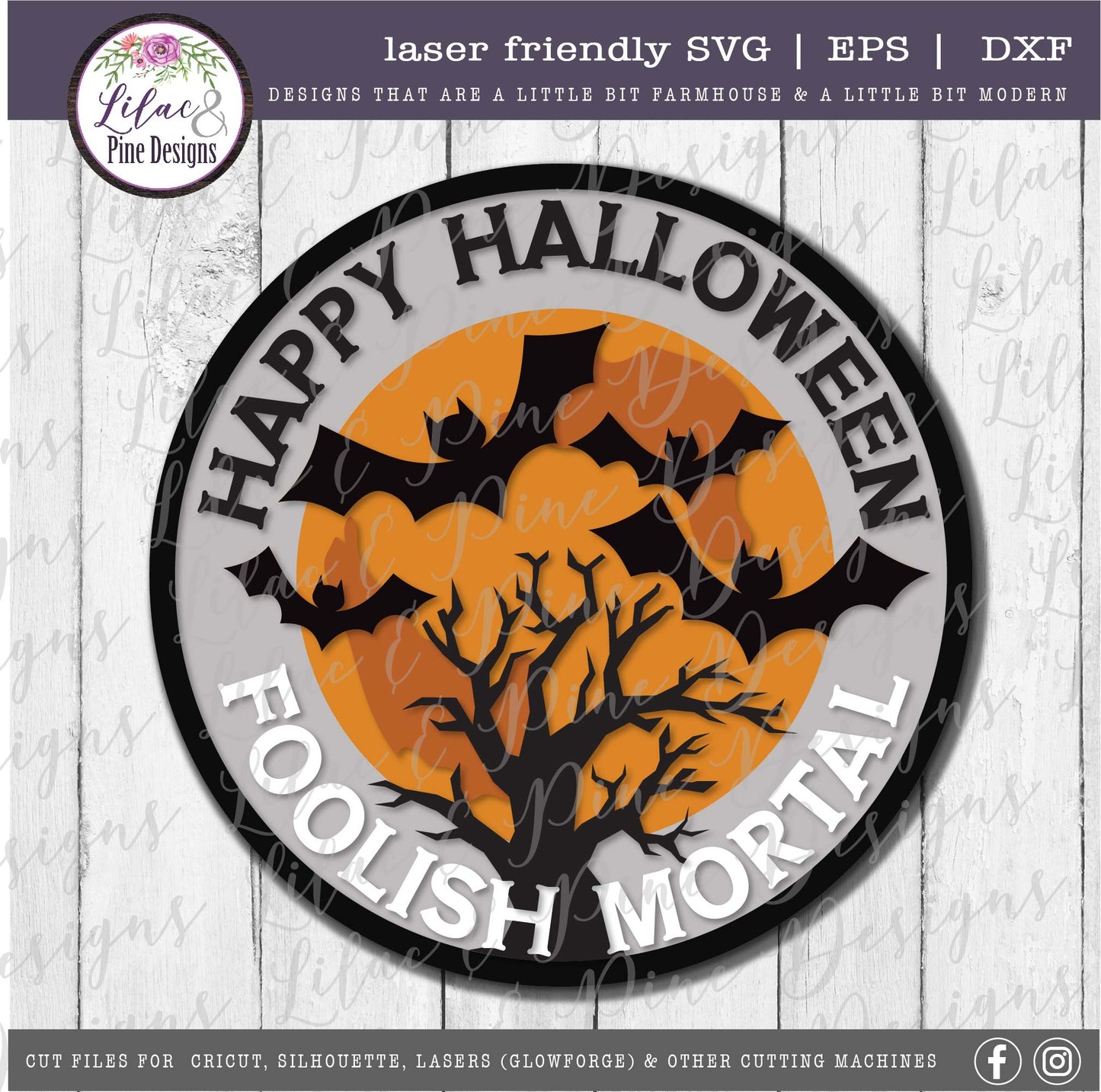 Welcome Foolish Mortals Halloween sign SVG, Moon and Bats SVG, Spooky SVG, bats SVG, Halloween porch decor, Creepy door round, laser cut file, Glowforge SVG