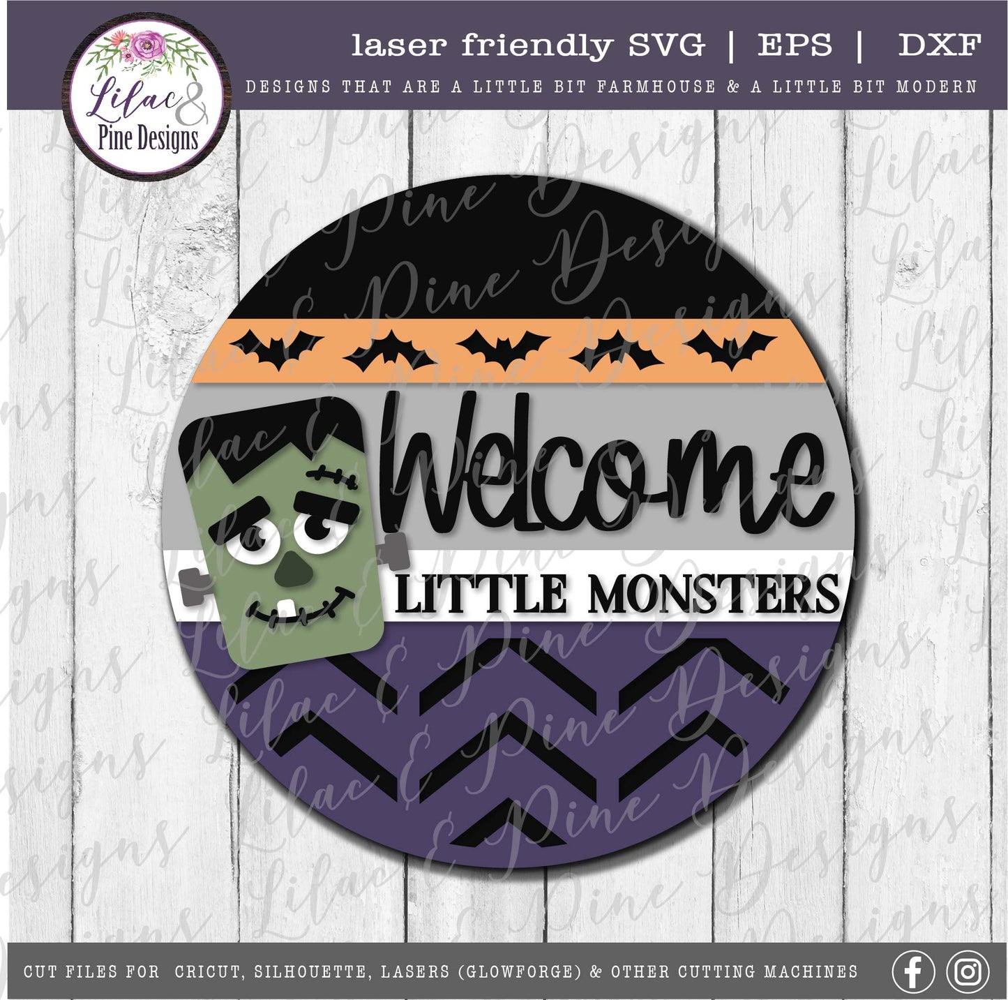 Frankenstein Halloween sign SVG, Welcome Little Monsters SVG, Frankie SVG, bats SVG, Halloween porch decor, Frankenstein door round, laser cut file, Glowforge SVG