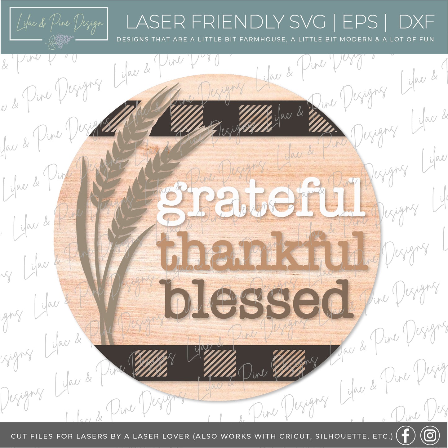 Grateful Thankful Blessed sign, Thanksgiving door round SVG, Fall Welcome, Autumn porch decor SVG, wheat SVG, Glowforge Svg, laser cut file