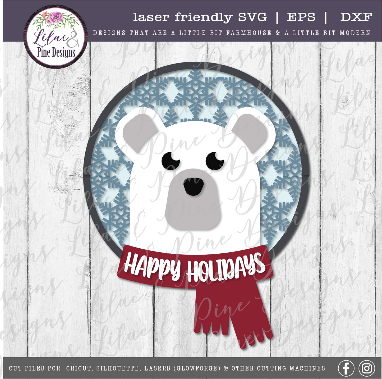 Polar Bear Happy Holidays sign SVG, Happy Holidays SVG, polar bear SVG, winter sign SVG, snowflake pattern SVG, laser cut file, Glowforge SVG