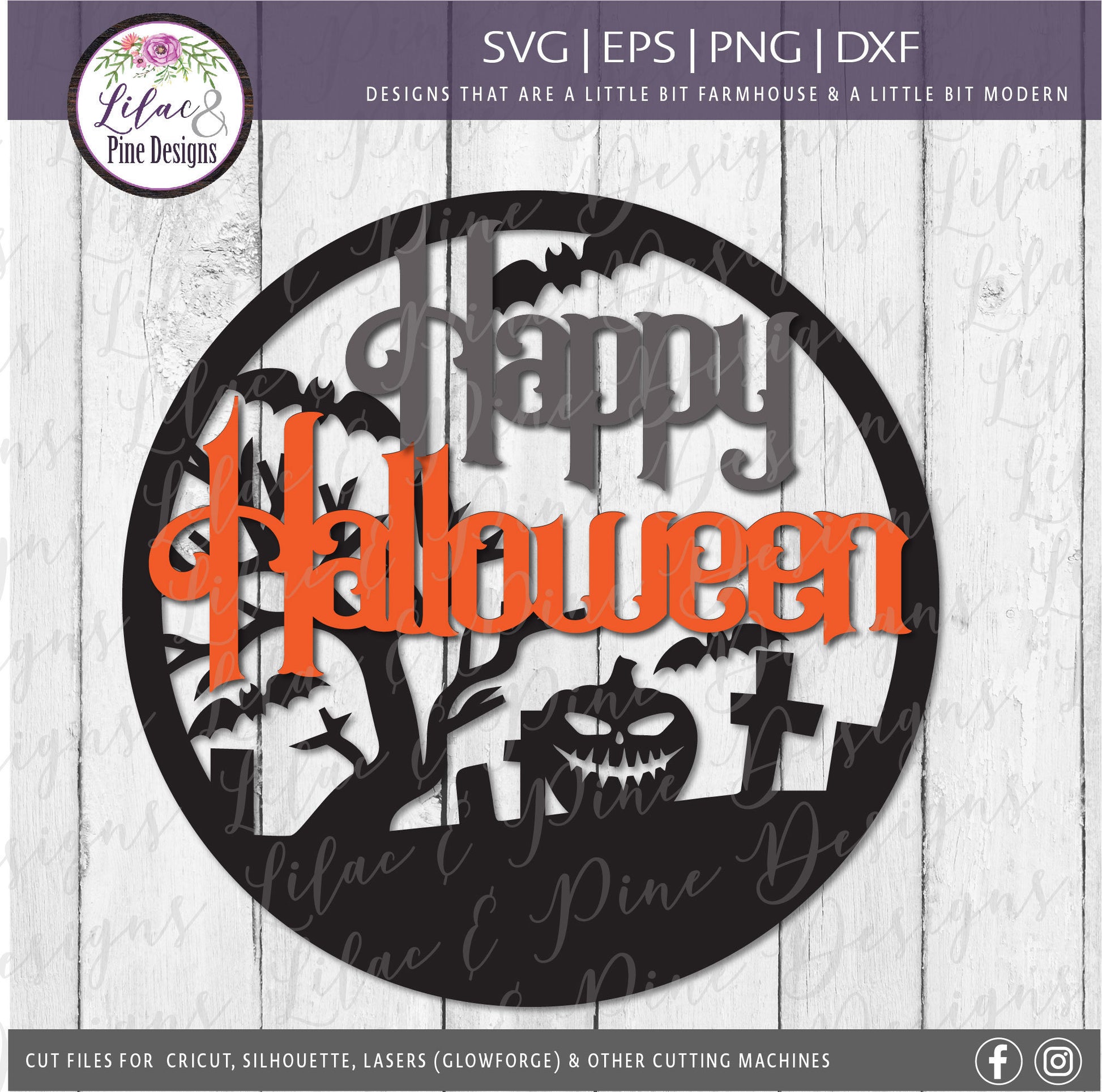 Happy Halloween SVG, Pumpkin Halloween sign SVG, Graveyard SVG, Halloween door decor, Spooky Halloween round door hanger, Glowforge laser