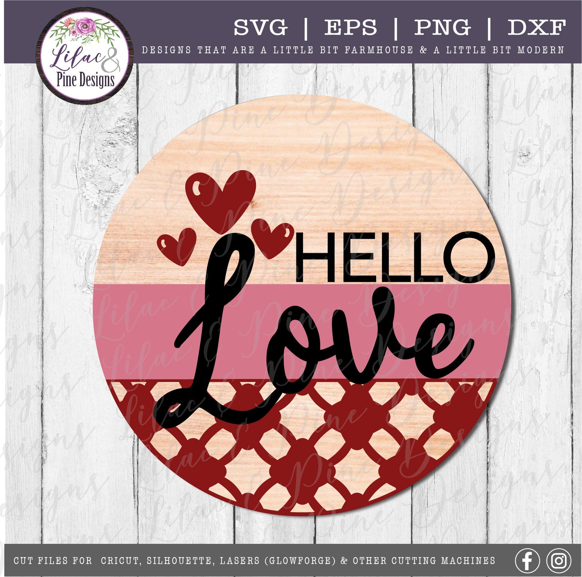 Hello Love Valentine SVG, Valentine door round SVG,  patterned heart Valentine door sign SVG, Valentine decor, Glowforge Svg, laser cut file