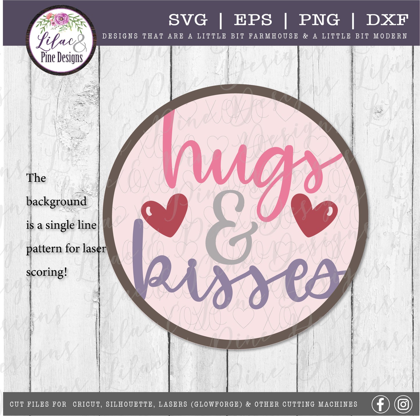 Hugs and Kisses door round laser SVG, Valentine door round SVG,  patterned door round, Valentine heart decor, Glowforge Svg, laser cut file