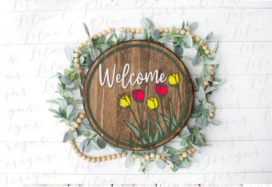 Welcome Spring round sign SVG, spring floral door round SVG, tulip svg, floral SVG, farmhouse spring decor, Glowforge Svg, laser cut file