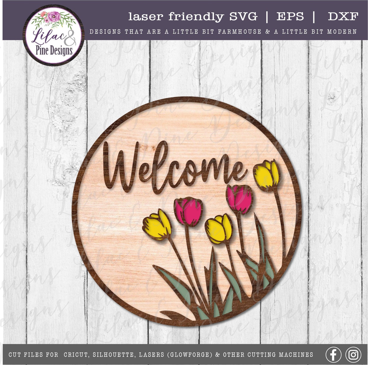 Welcome Spring round sign SVG, spring floral door round SVG, tulip svg, floral SVG, farmhouse spring decor, Glowforge Svg, laser cut file