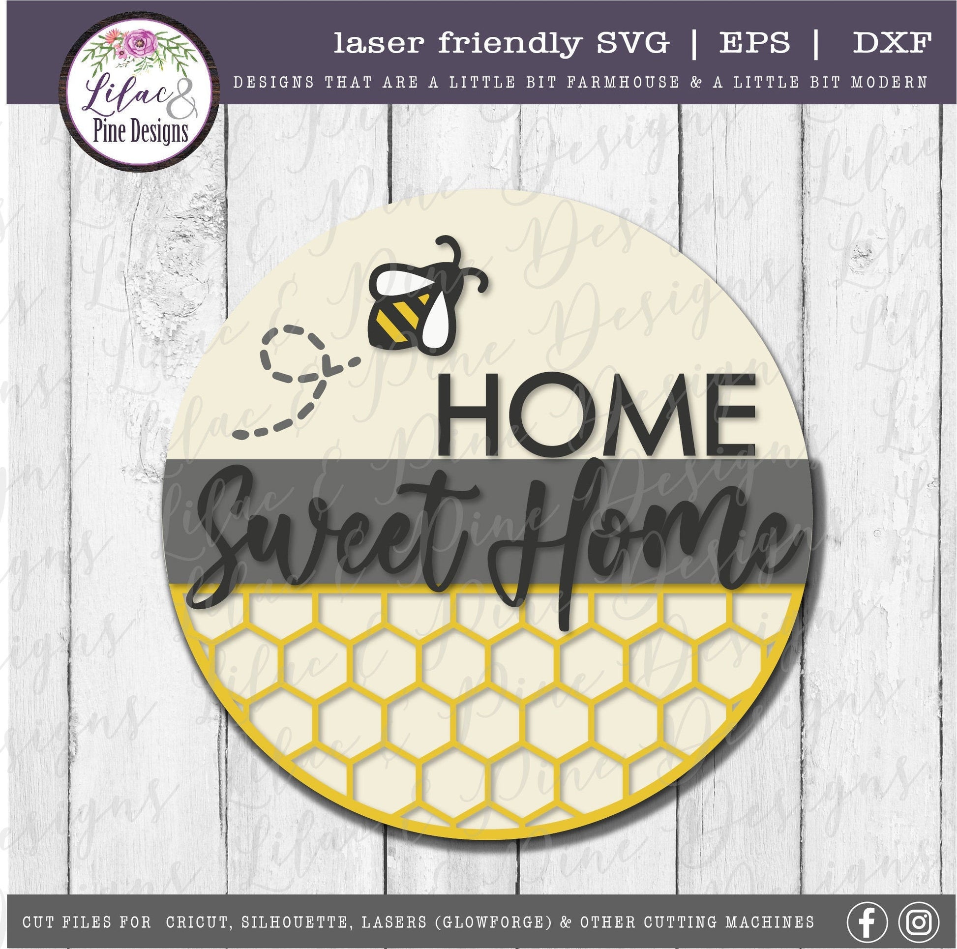 Home Sweet Home sign, Spring sign SVG, bee SVG, summer decor svg, honeycomb sign, honey svg, farmhouse decor, Glowforge Svg, laser cut file