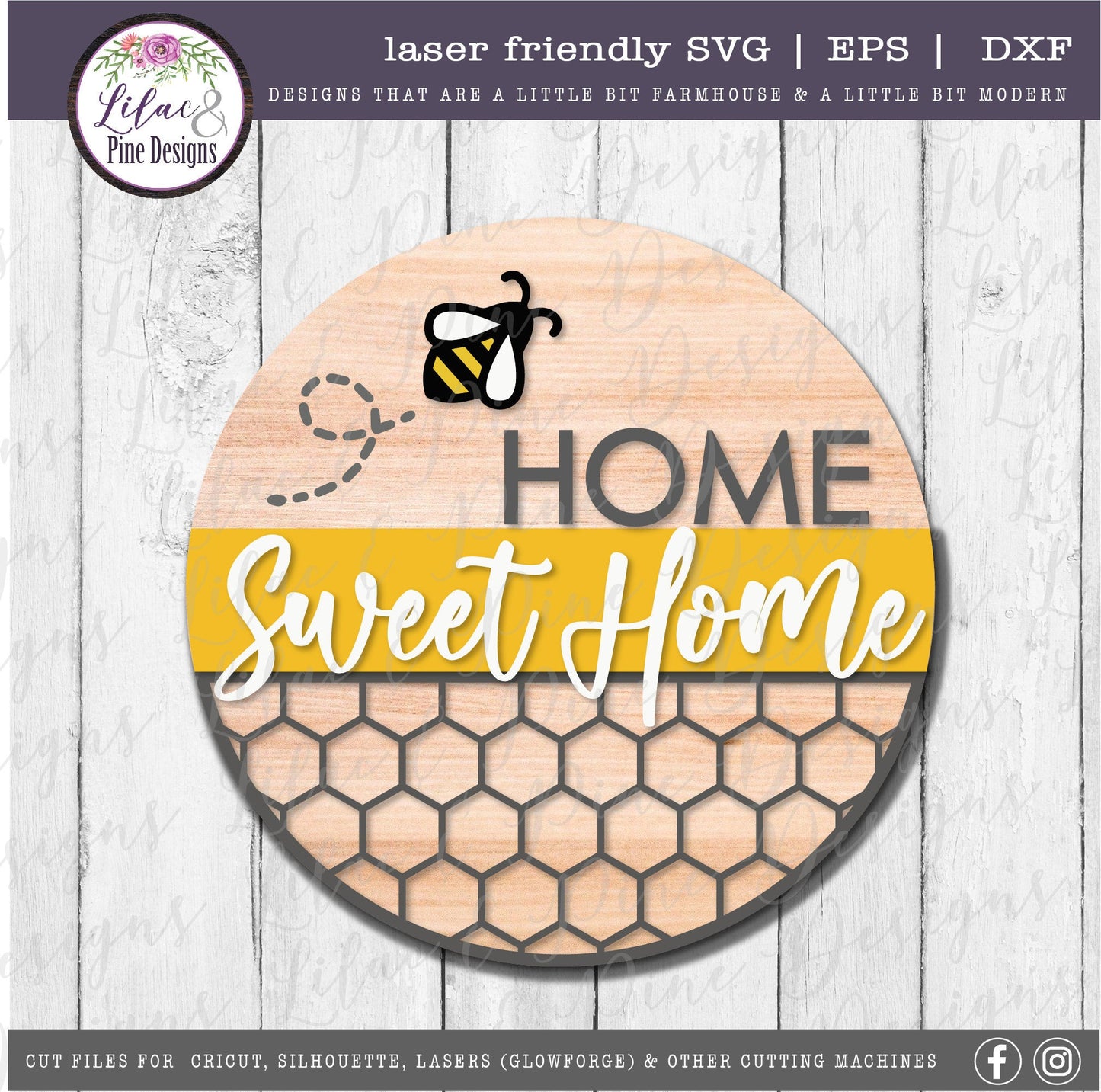 Home Sweet Home sign, Spring sign SVG, bee SVG, summer decor svg, honeycomb sign, honey svg, farmhouse decor, Glowforge Svg, laser cut file