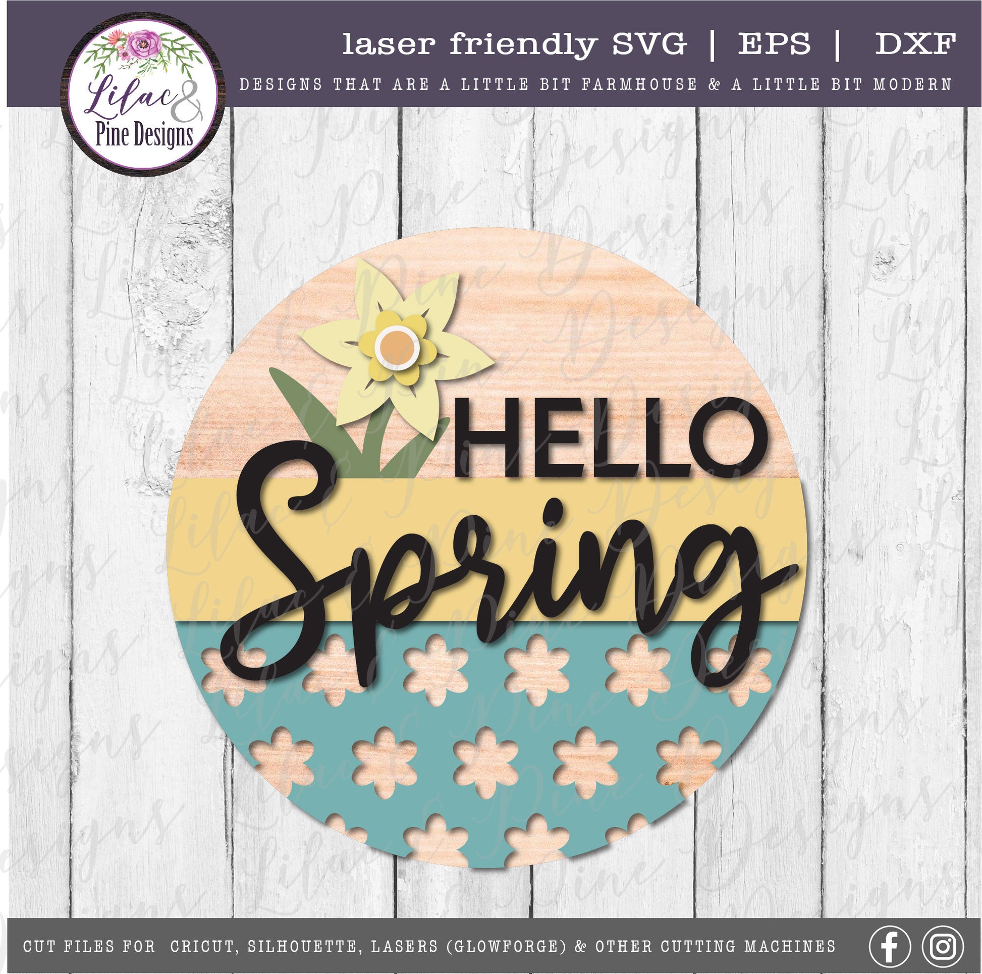 Hello Spring round sign SVG, spring floral door round SVG, floral SVG, daffodil svg, farmhouse spring decor, Glowforge Svg, laser cut file