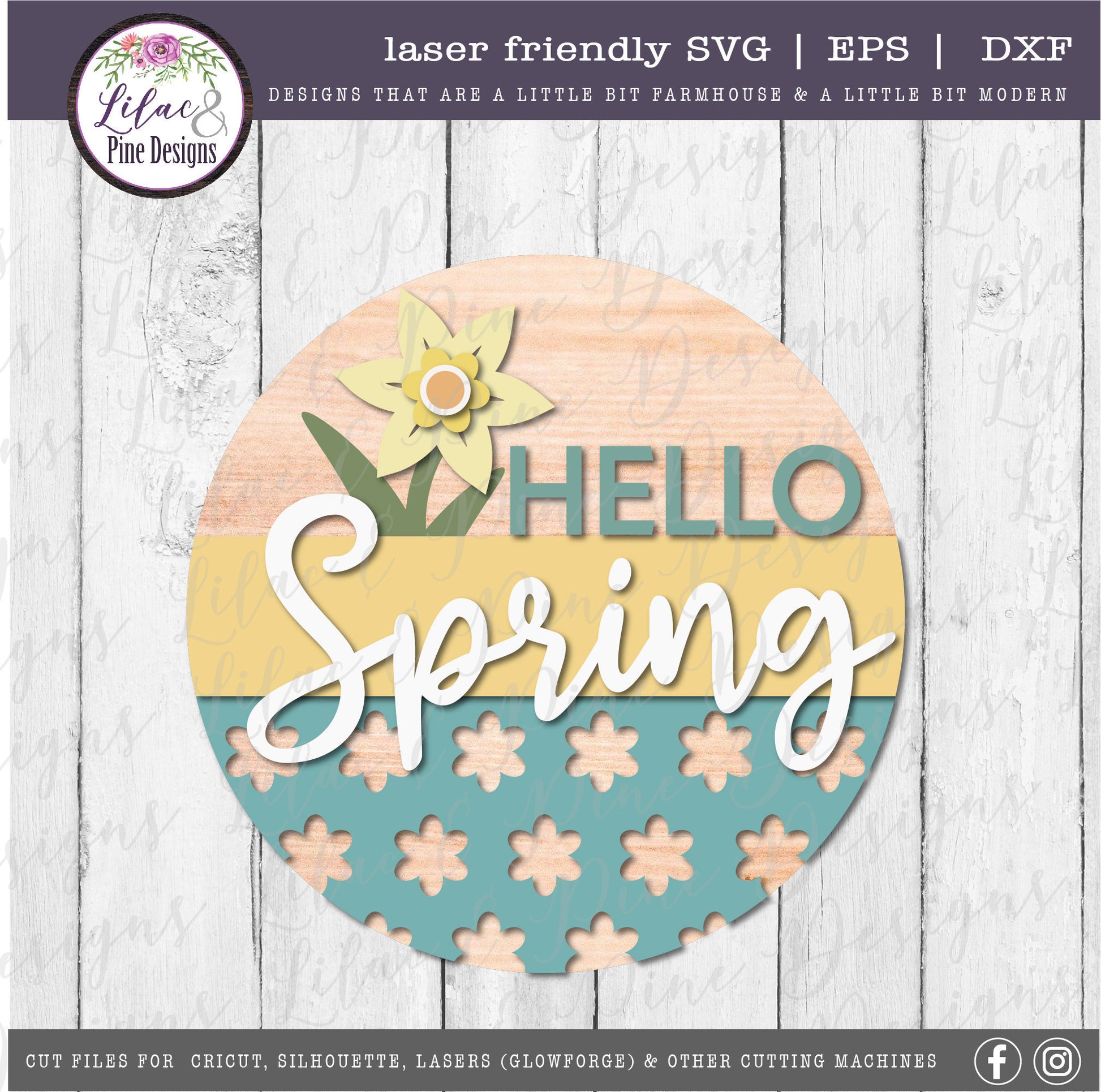 Hello Spring round sign SVG, spring floral door round SVG, floral SVG, daffodil svg, farmhouse spring decor, Glowforge Svg, laser cut file