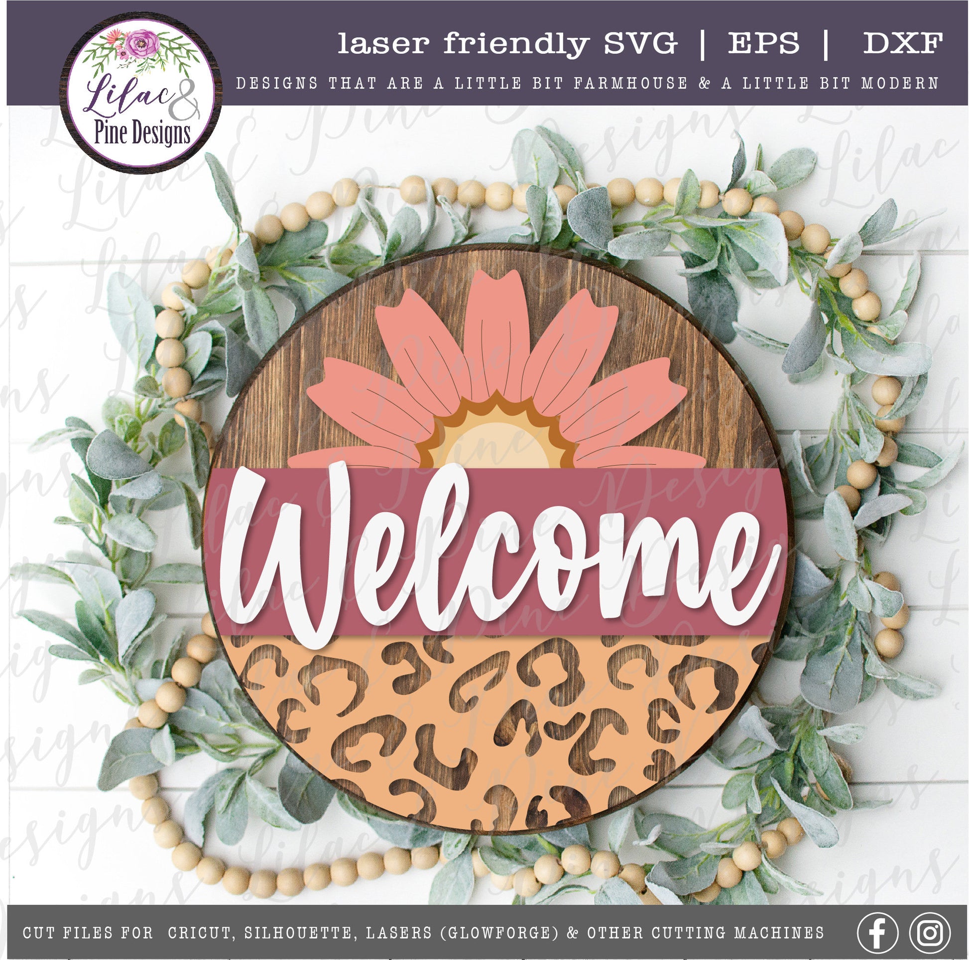 leopard print daisy round welcome sign, front porch decor SVG, floral welcome SVG, leopard print home decor, Glowforge Svg, laser cut file
