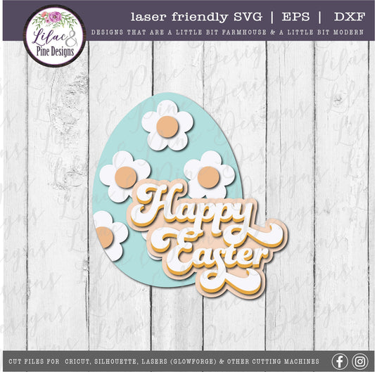 Happy Easter egg SVG, Easter flower SVG, Easter egg svg, spring SVG, floral Easter, retro Easter, Cricut svg, Glowforge Svg, laser cut file