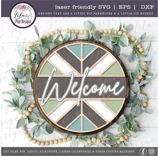 Welcome boho round, quilt lover gift, Welcome SVG, front door decor, round wood sign, name sign, porch decor, Glowforge Svg, laser cut file