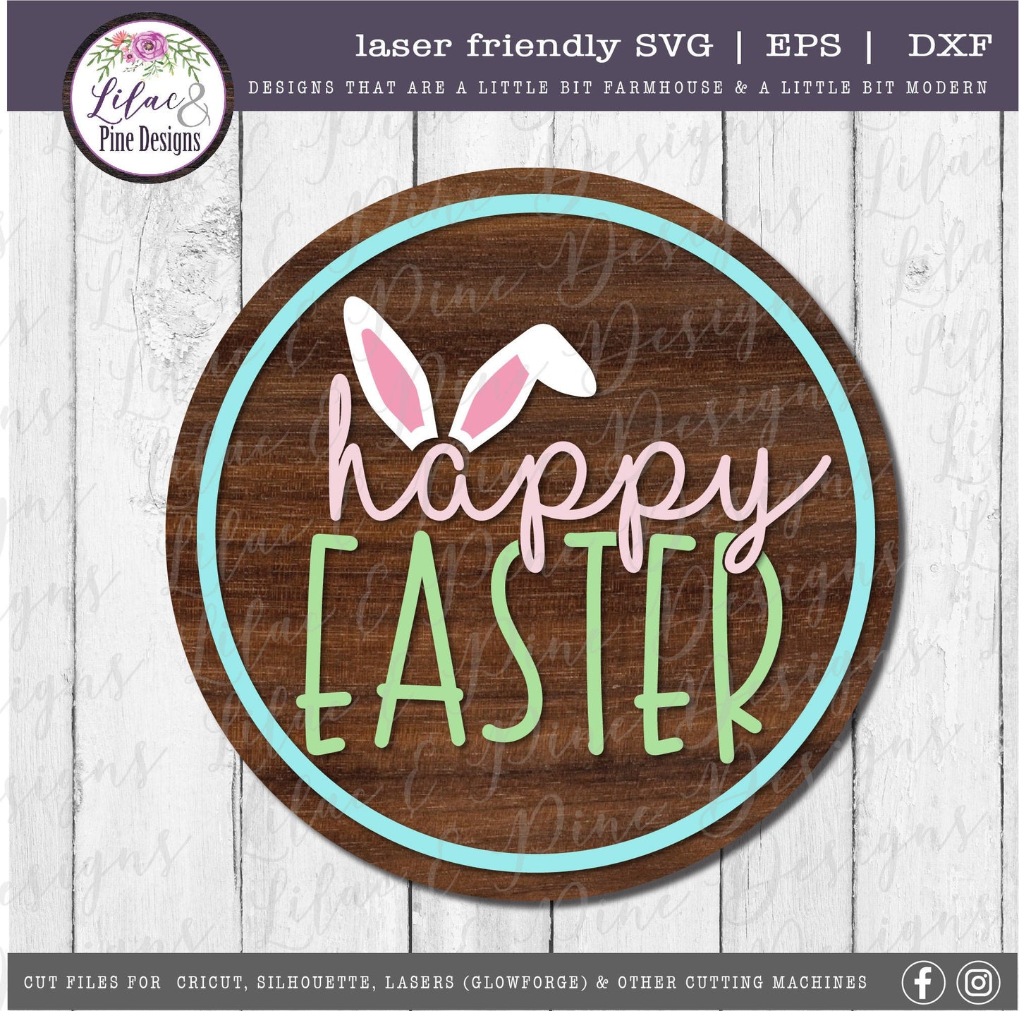Happy Easter round SVG, Easter Sign SVG, Easter bunny svg, bunny ears SVG, farmhouse Easter decor, Cricut svg, Glowforge Svg, laser cut file