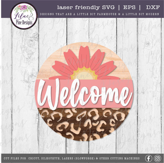 leopard print daisy round welcome sign, front porch decor SVG, floral welcome SVG, leopard print home decor, Glowforge Svg, laser cut file