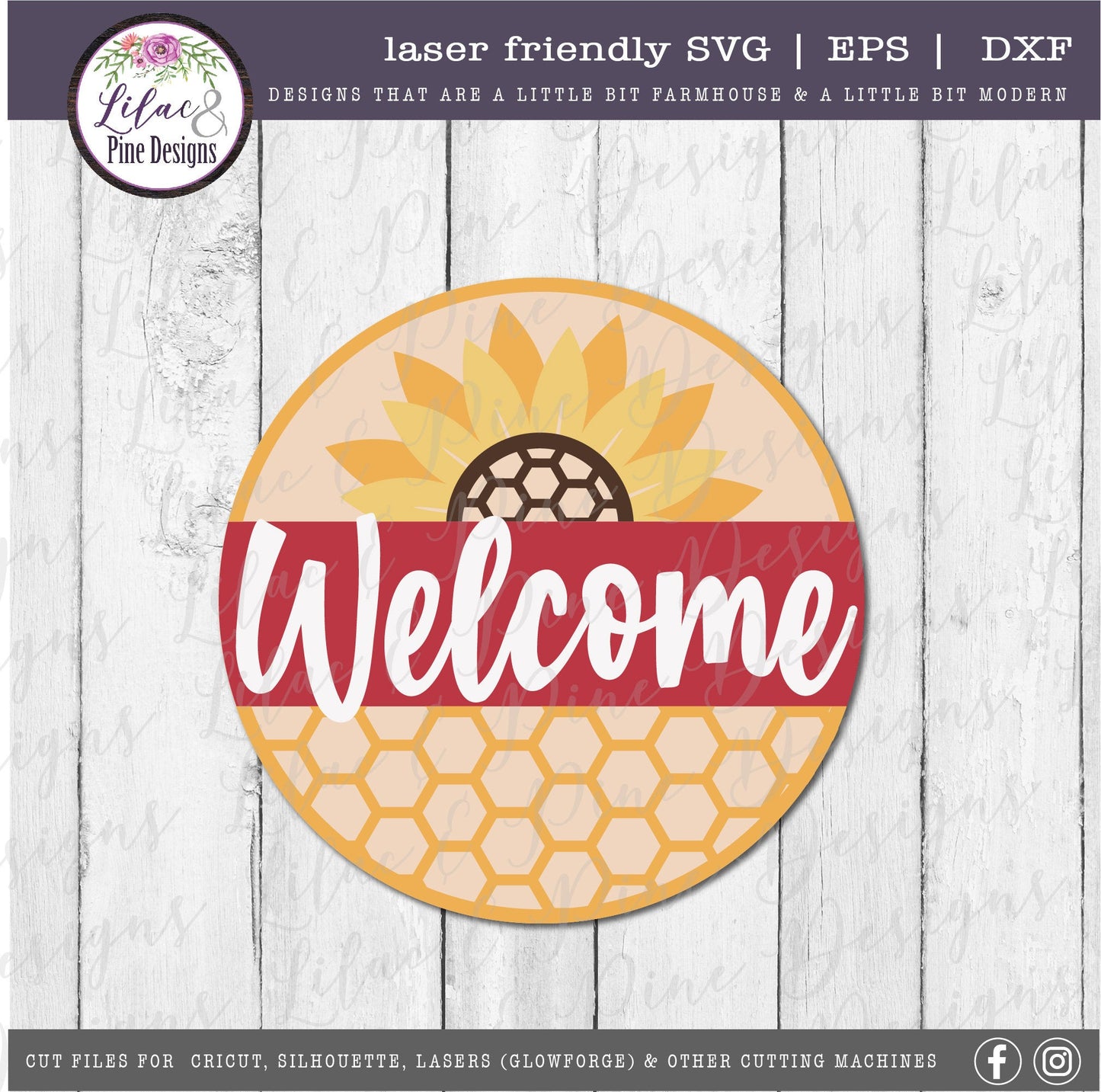Sunflower honeycomb welcome sign, summer decor SVG, welcome SVG, round wood sign, farmhouse decor, Cricut SVG, Glowforge Svg, laser cut file