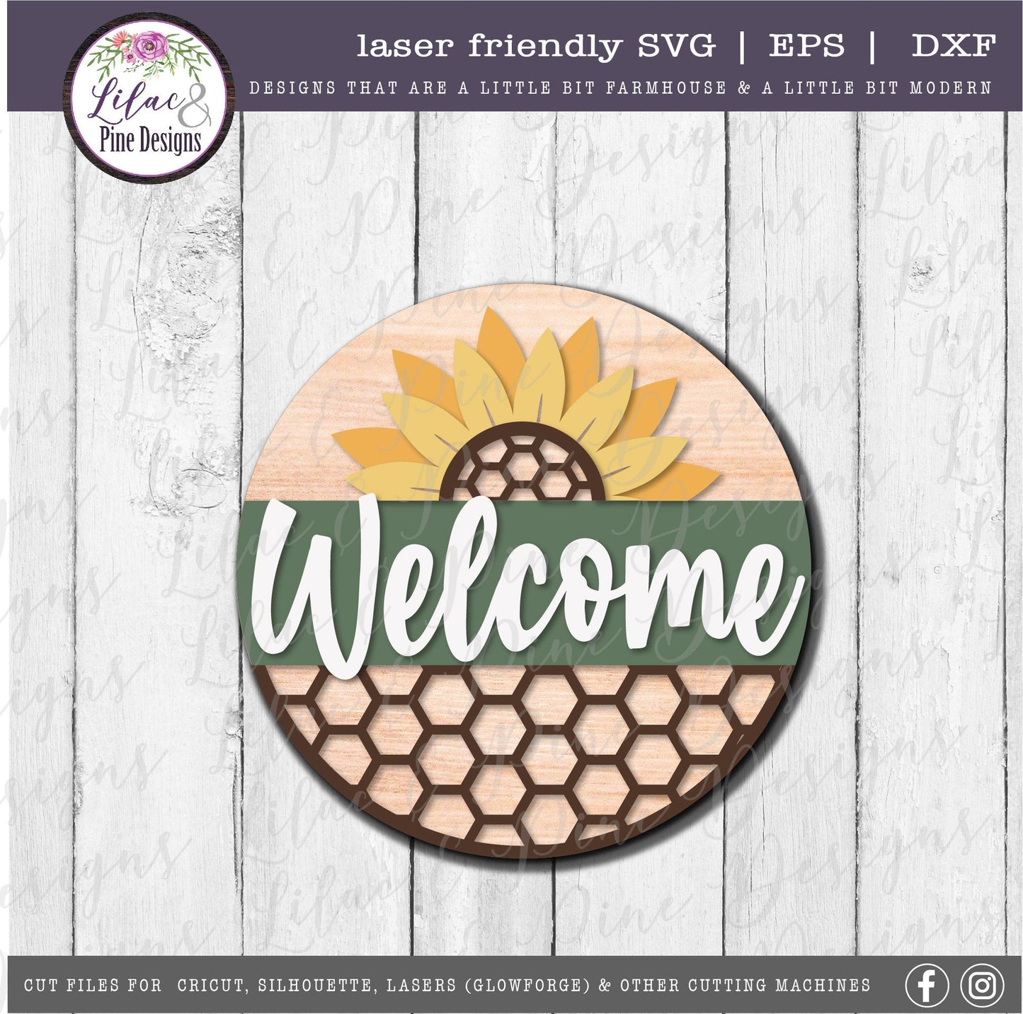 Sunflower honeycomb welcome sign, summer decor SVG, welcome SVG, round wood sign, farmhouse decor, Cricut SVG, Glowforge Svg, laser cut file