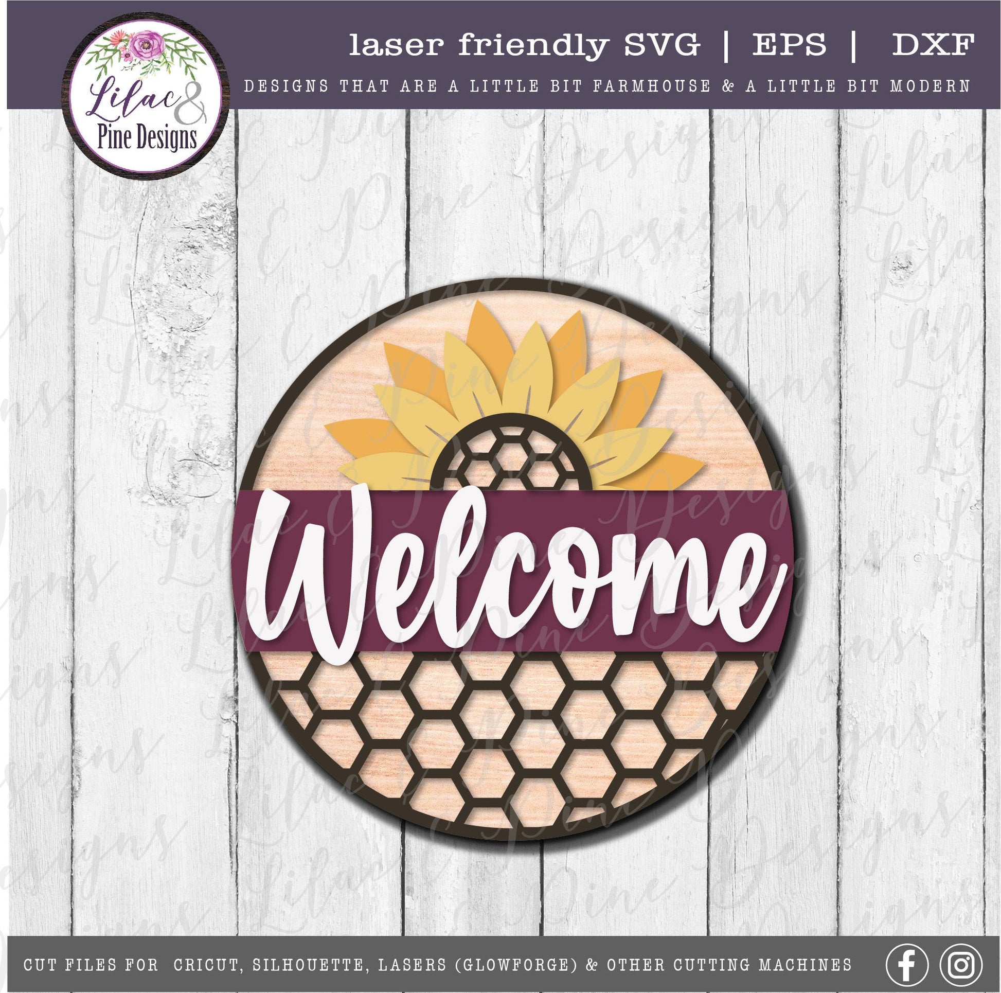 Sunflower honeycomb welcome sign, summer decor SVG, welcome SVG, round wood sign, farmhouse decor, Cricut SVG, Glowforge Svg, laser cut file