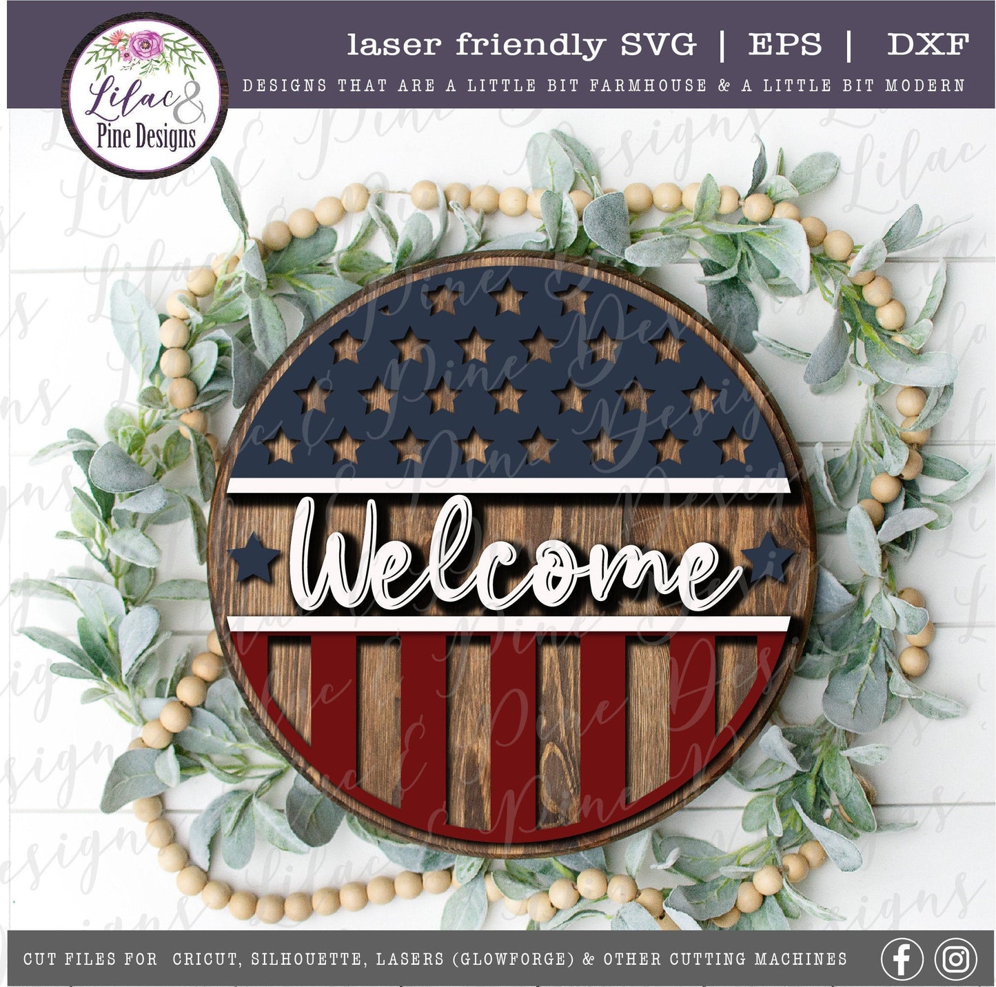 Patriotic Welcome round sign, July 4th door decor SVG, Stars and Stripes SVG, Independence Day porch sign svg, Glowforge Svg, laser cut file