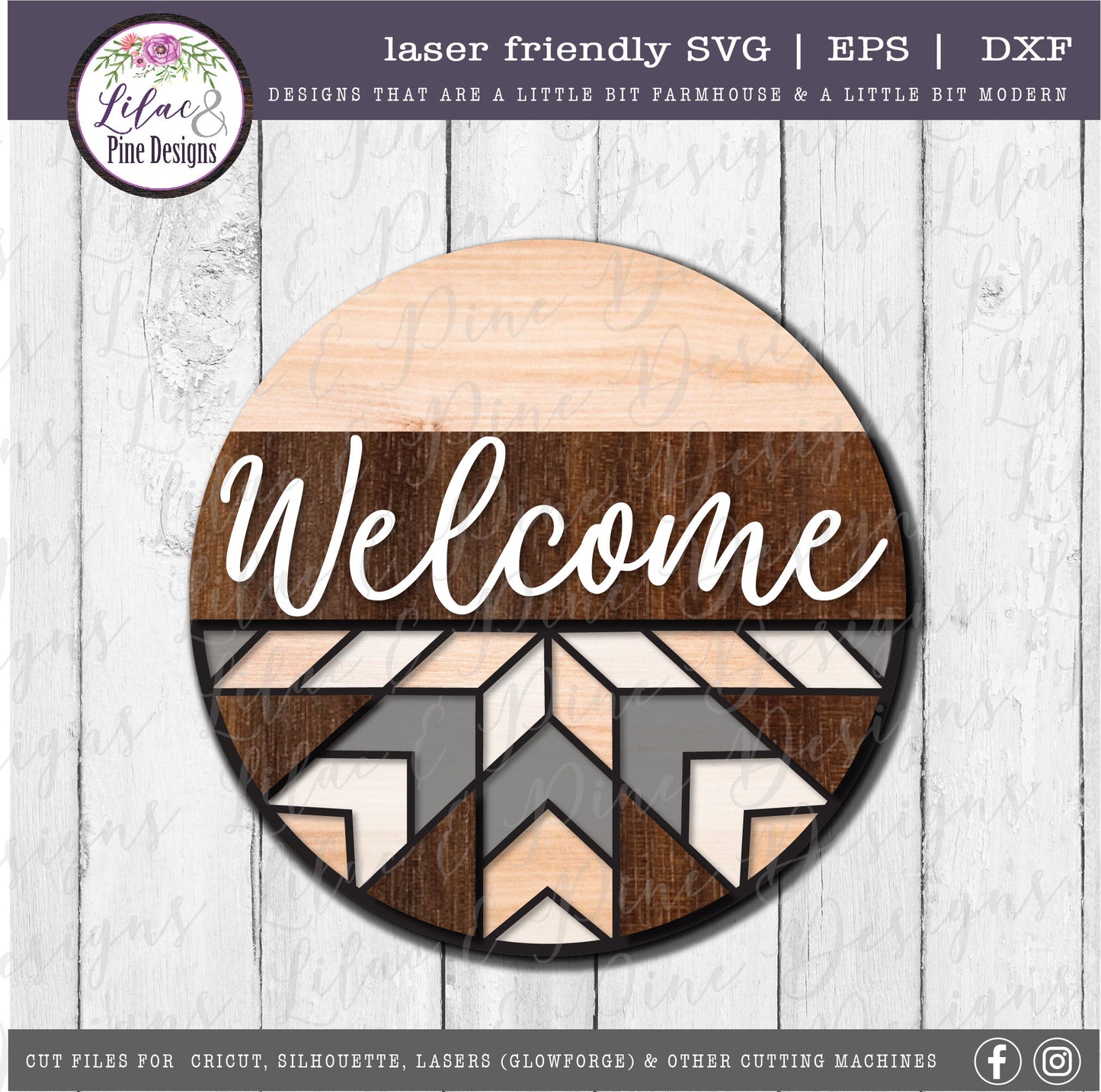 Welcome stained glass quilt round, quilt lover SVG, Welcome SVG, front door decor, round wood sign, geometric, Glowforge Svg, laser cut file