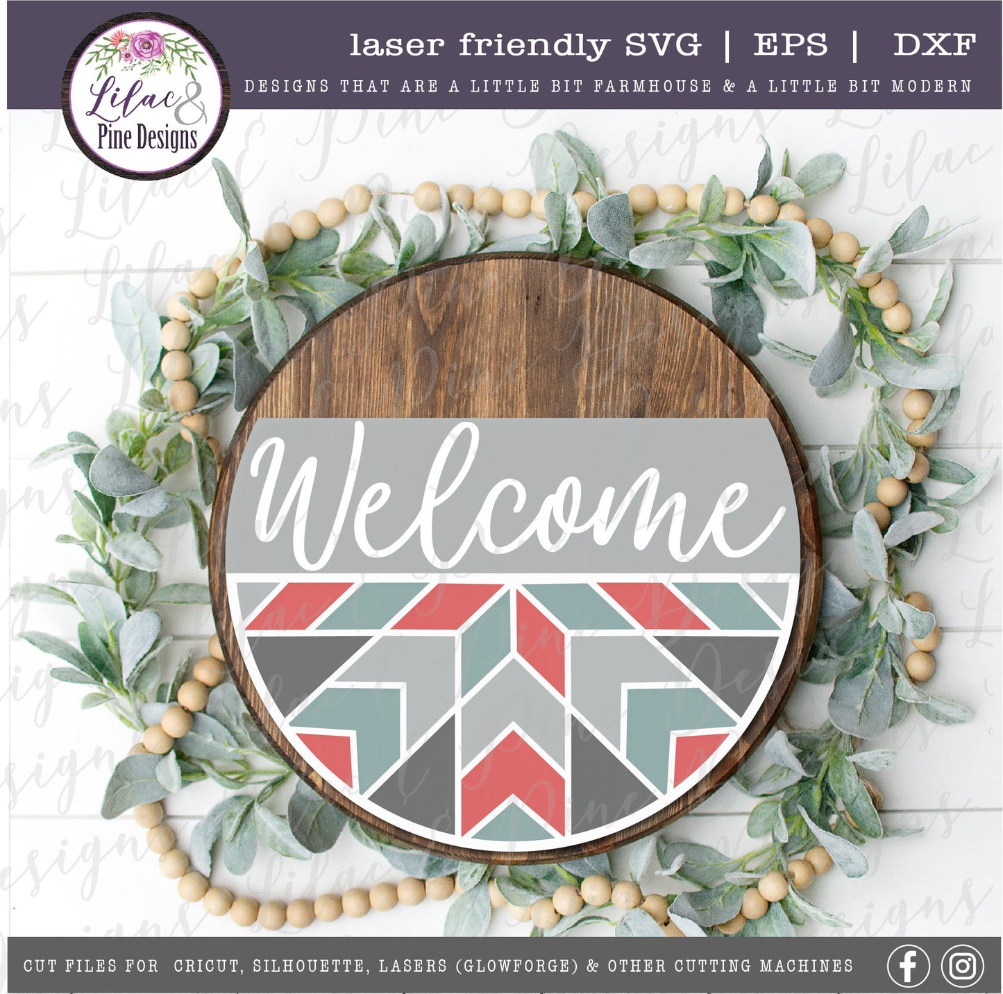 Welcome stained glass quilt round, quilt lover SVG, Welcome SVG, front door decor, round wood sign, geometric, Glowforge Svg, laser cut file