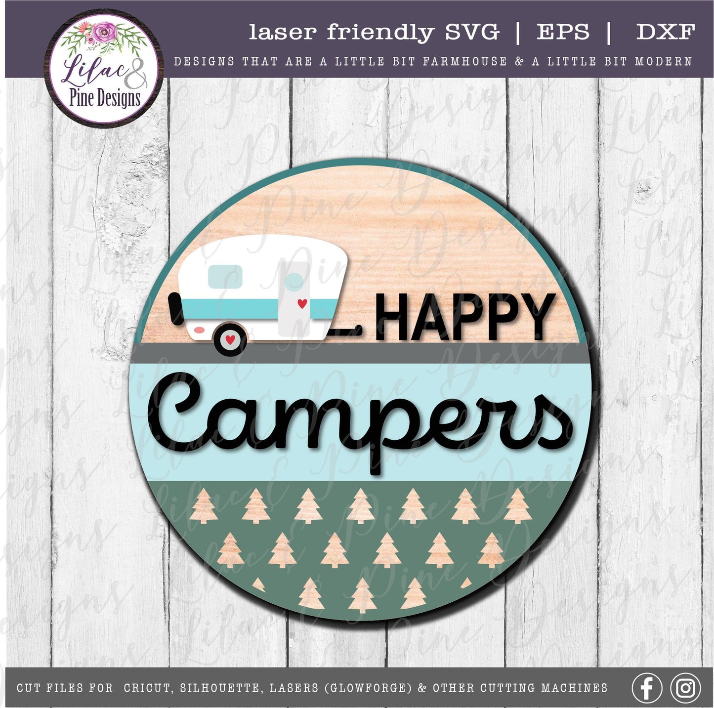 Happy Campers round sign, summer decor SVG, Camping svg, round wood sign, RV svg, camper decor, camper SVG, Glowforge Svg, laser cut file