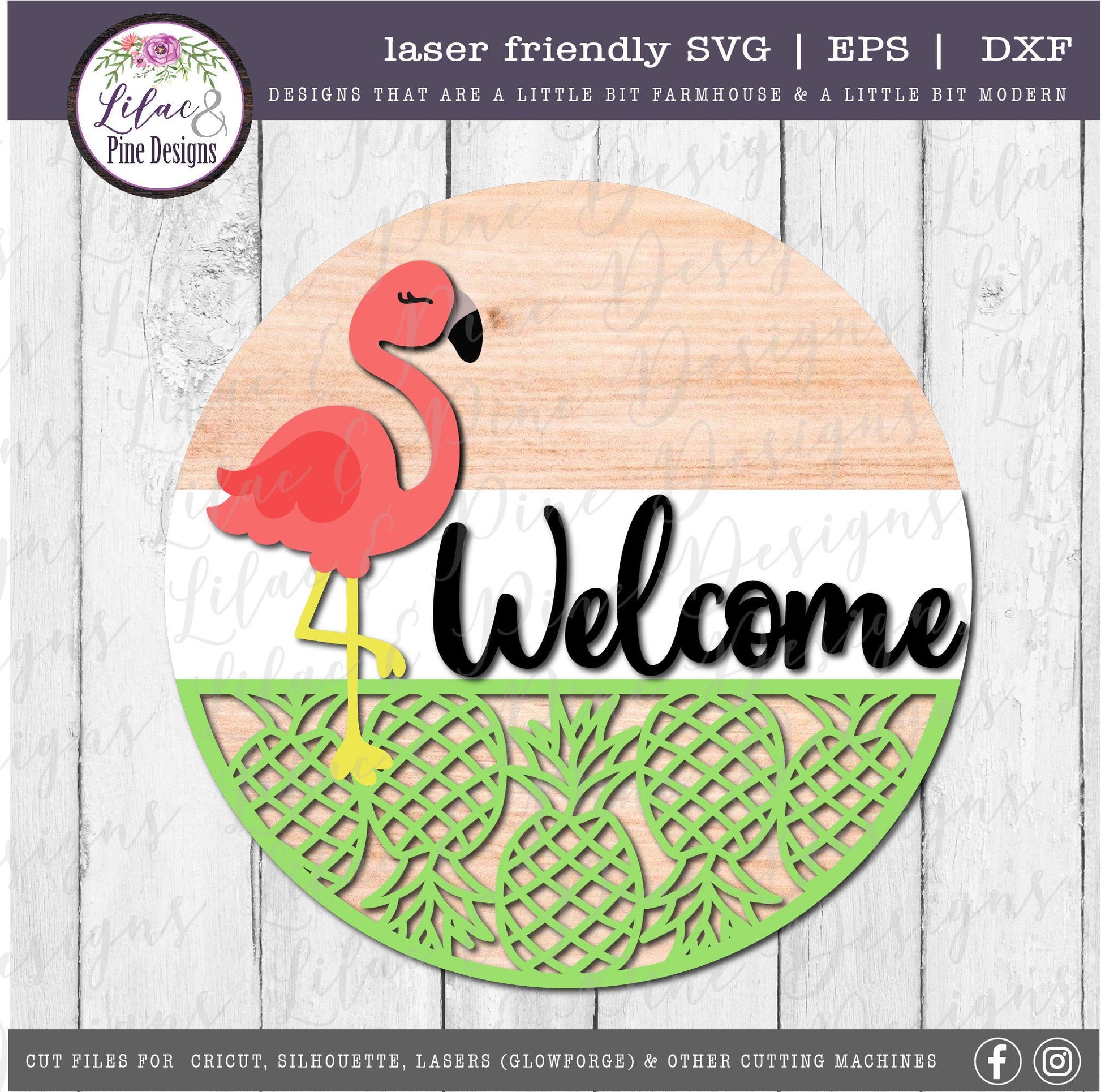 Flamingo Pineapple Welcome sign, Summer sign, summer door decor, Flamingo SVG, summer porch sign, pineapple SVG, Glowforge, laser cut file