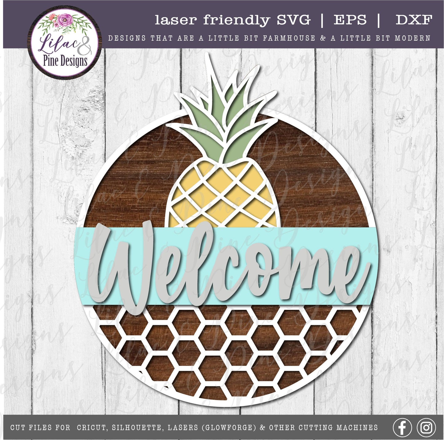 Honeycomb Pineapple sign, Welcome SVG, tropical summer door decor SVG, pineapple SVG, summer porch sign svg, Glowforge Svg, laser cut file