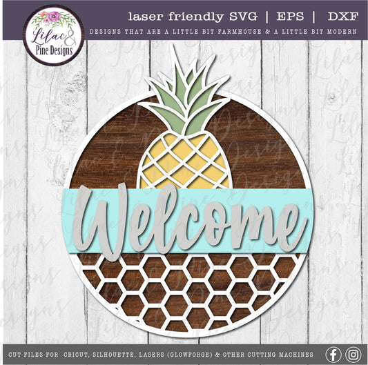 Honeycomb Pineapple sign, Welcome SVG, tropical summer door decor SVG, pineapple SVG, summer porch sign svg, Glowforge Svg, laser cut file