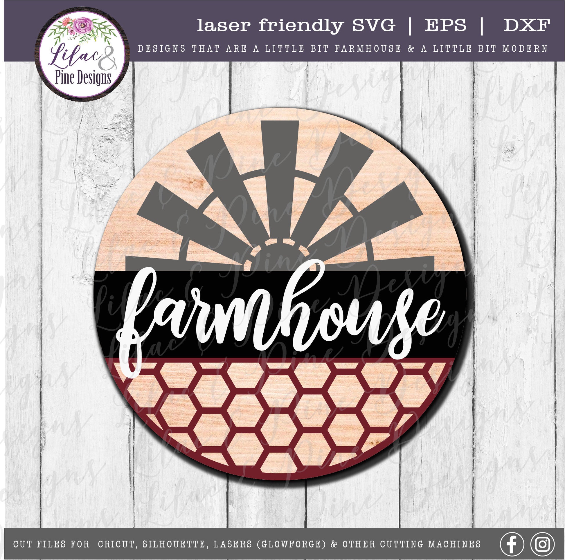 Farmhouse windmill sign, honeycomb SVG, modern farmhouse decor, round wood sign, porch decor SVG, Cricut svg, Glowforge Svg, laser cut file