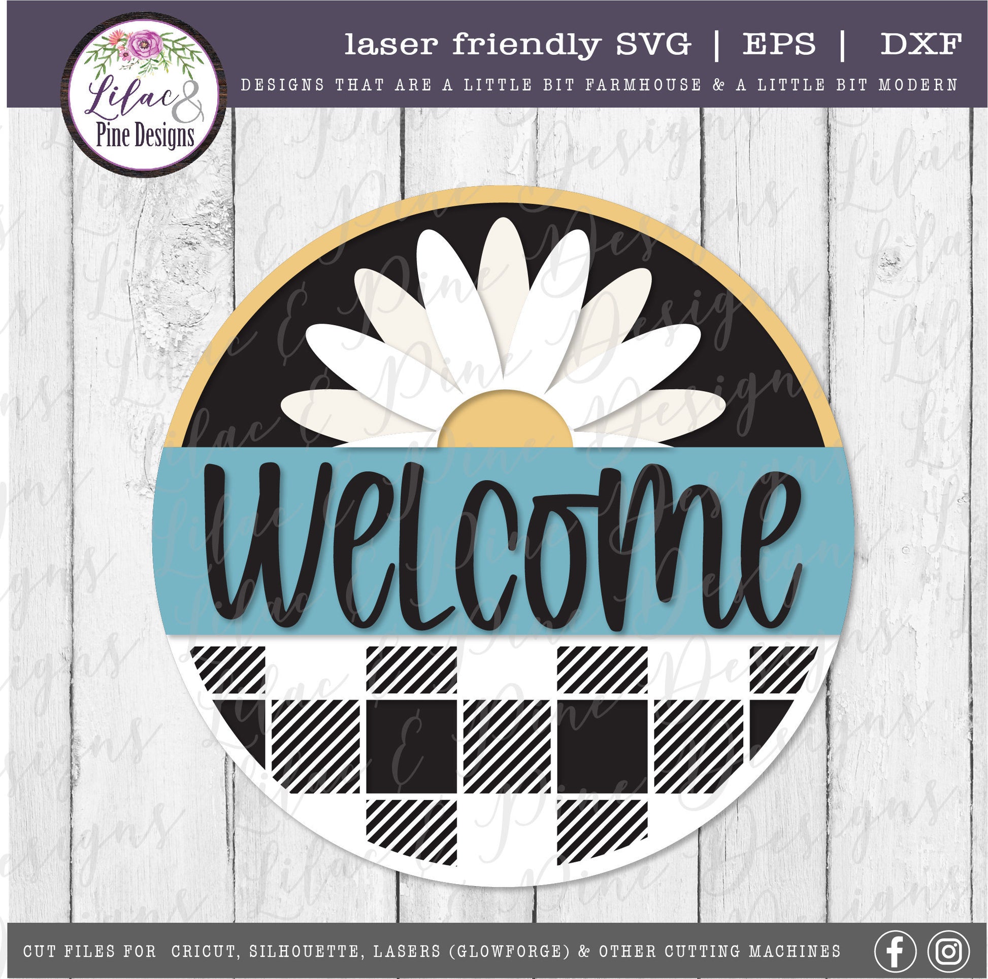 Daisy plaid welcome sign, summer decor, welcome SVG, round wood sign, farmhouse decor, daisy SVG, plaid Svg, Glowforge Svg, laser cut file