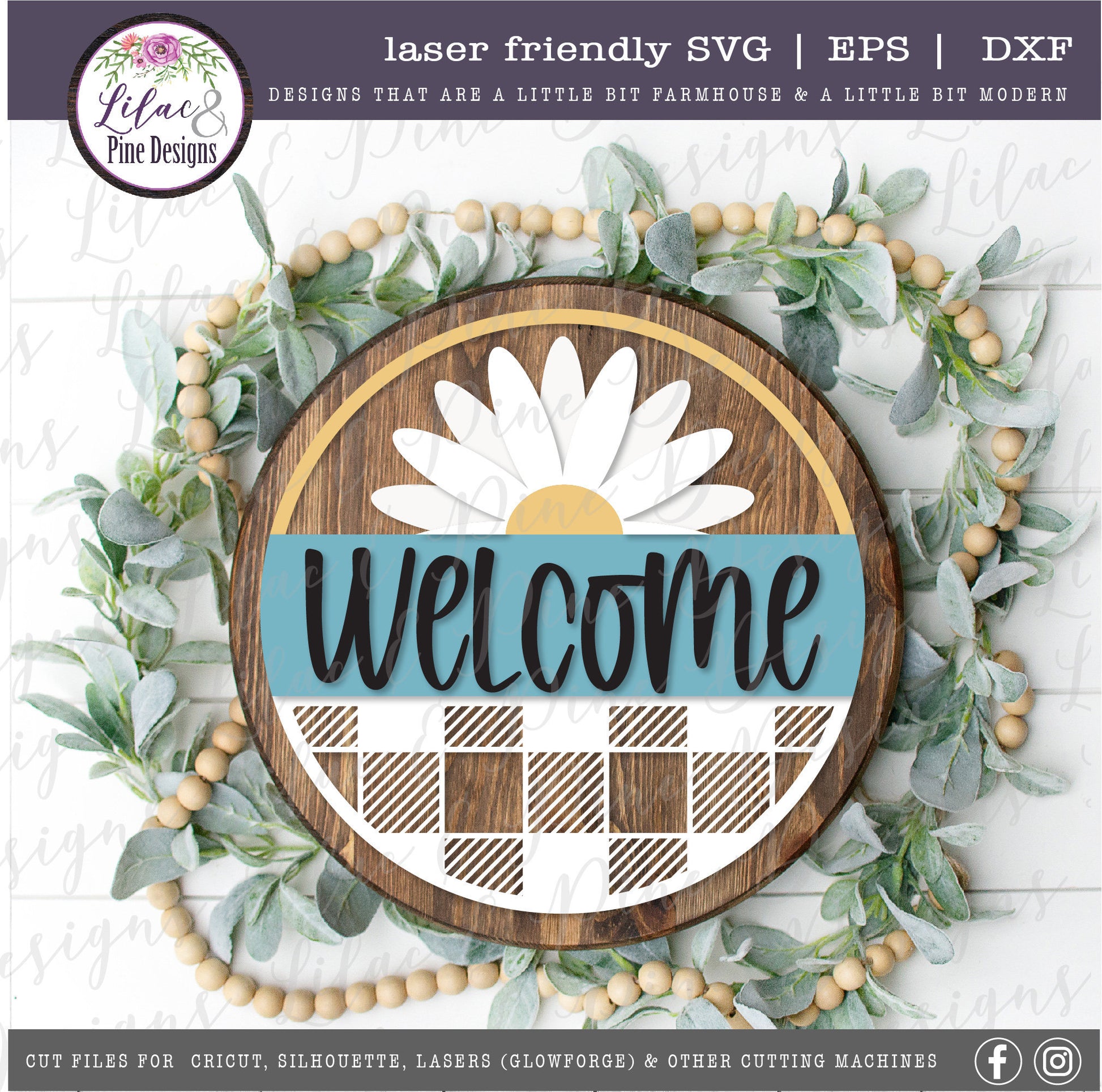 Daisy plaid welcome sign, summer decor, welcome SVG, round wood sign, farmhouse decor, daisy SVG, plaid Svg, Glowforge Svg, laser cut file