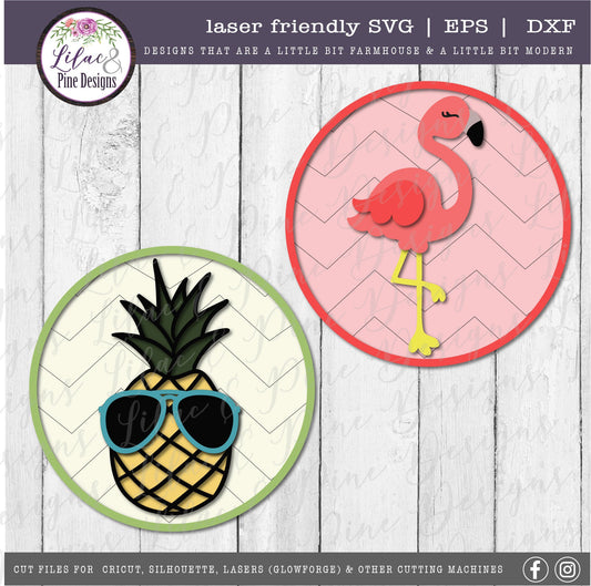 Flamingo Pineapple sign bundle, tropical sign, summer sign bundle, Flamingo SVG,  pineapple SVG, kid&#39;s DIY decor, Glowforge, laser cut file