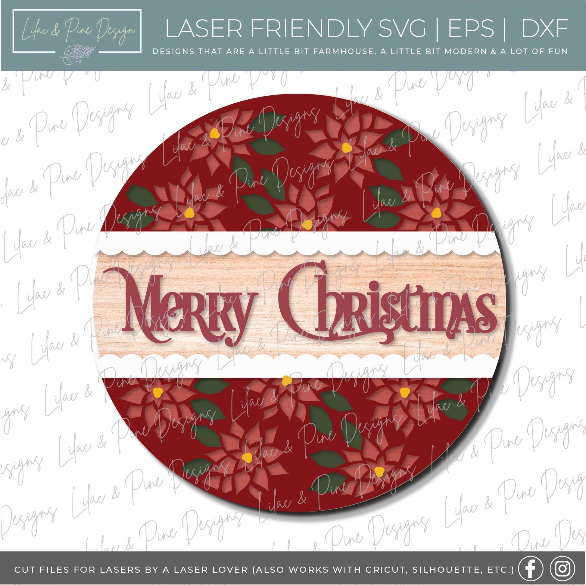 Poinsettia door hanger sign, Merry Christmas SVG, Christmas door round SVG, Holiday welcome sign svg, Christmas laser file, Glowforge file