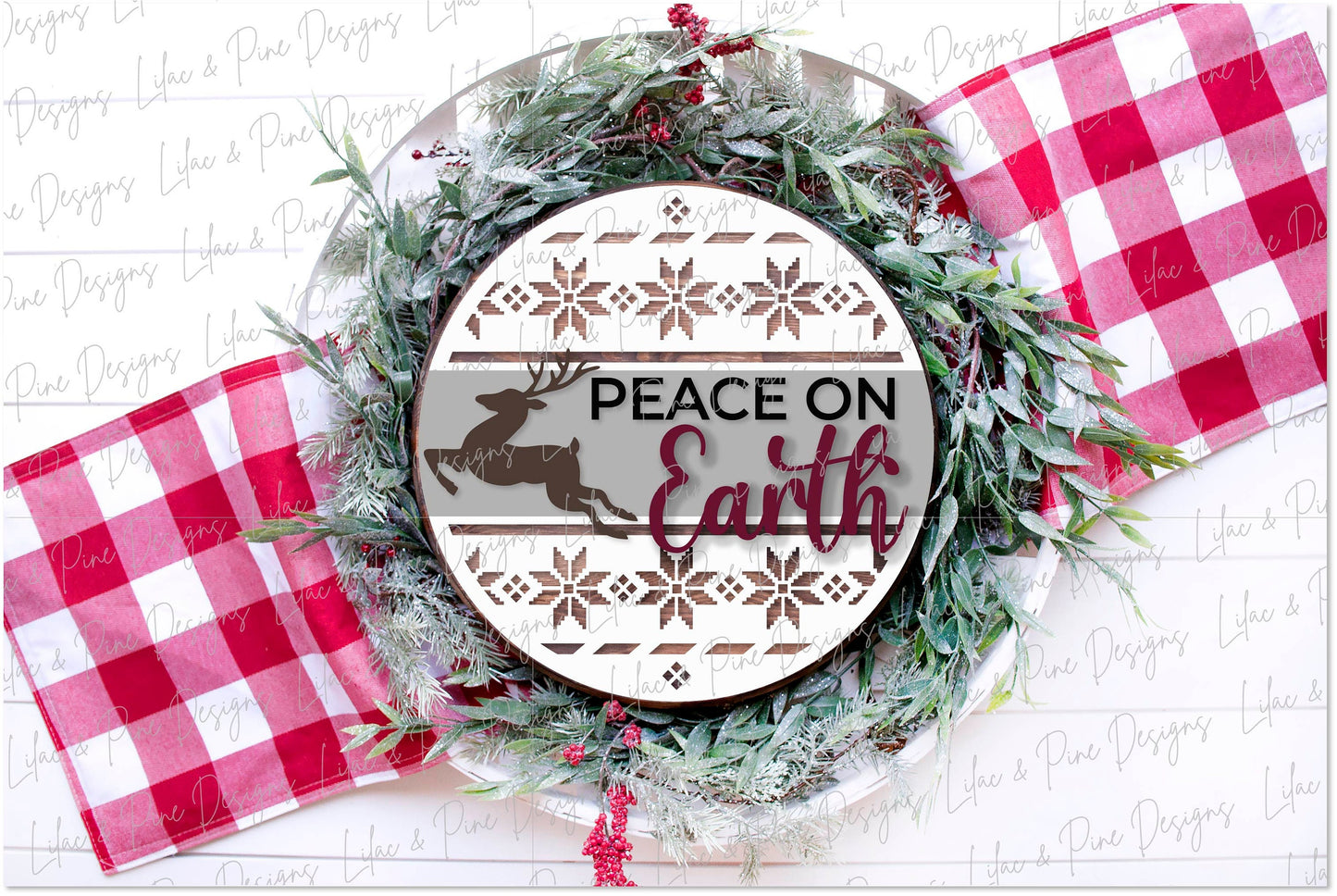 Peace on Earth door hanger, Nordic Christmas SVG, Reindeer sign SVG,  Christmas Welcome svg, Alpine pattern, laser cut file, Glowforge SVG