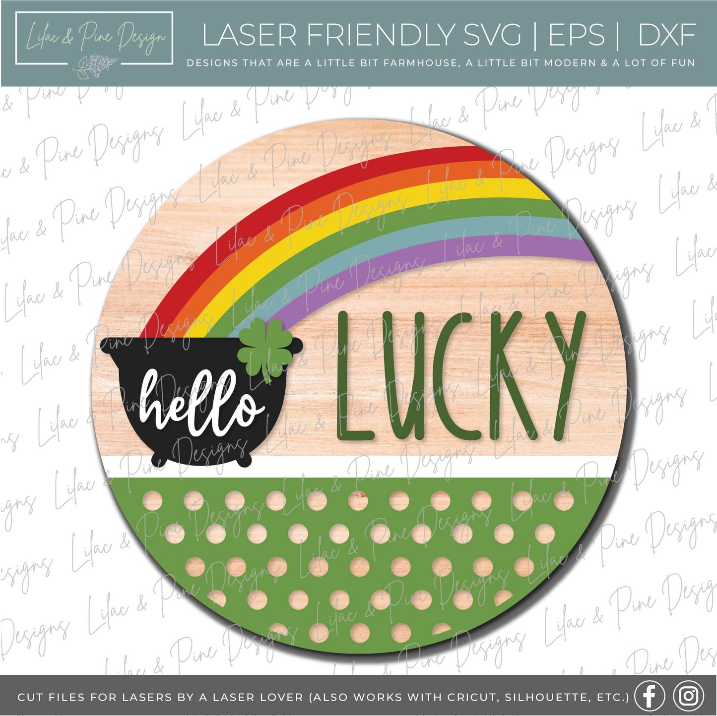Hello Lucky door hanger SVG, St Patricks Day round welcome sign, pot of gold sign, shamrock SVG, St Paddy decor, Glowforge file, laser svg