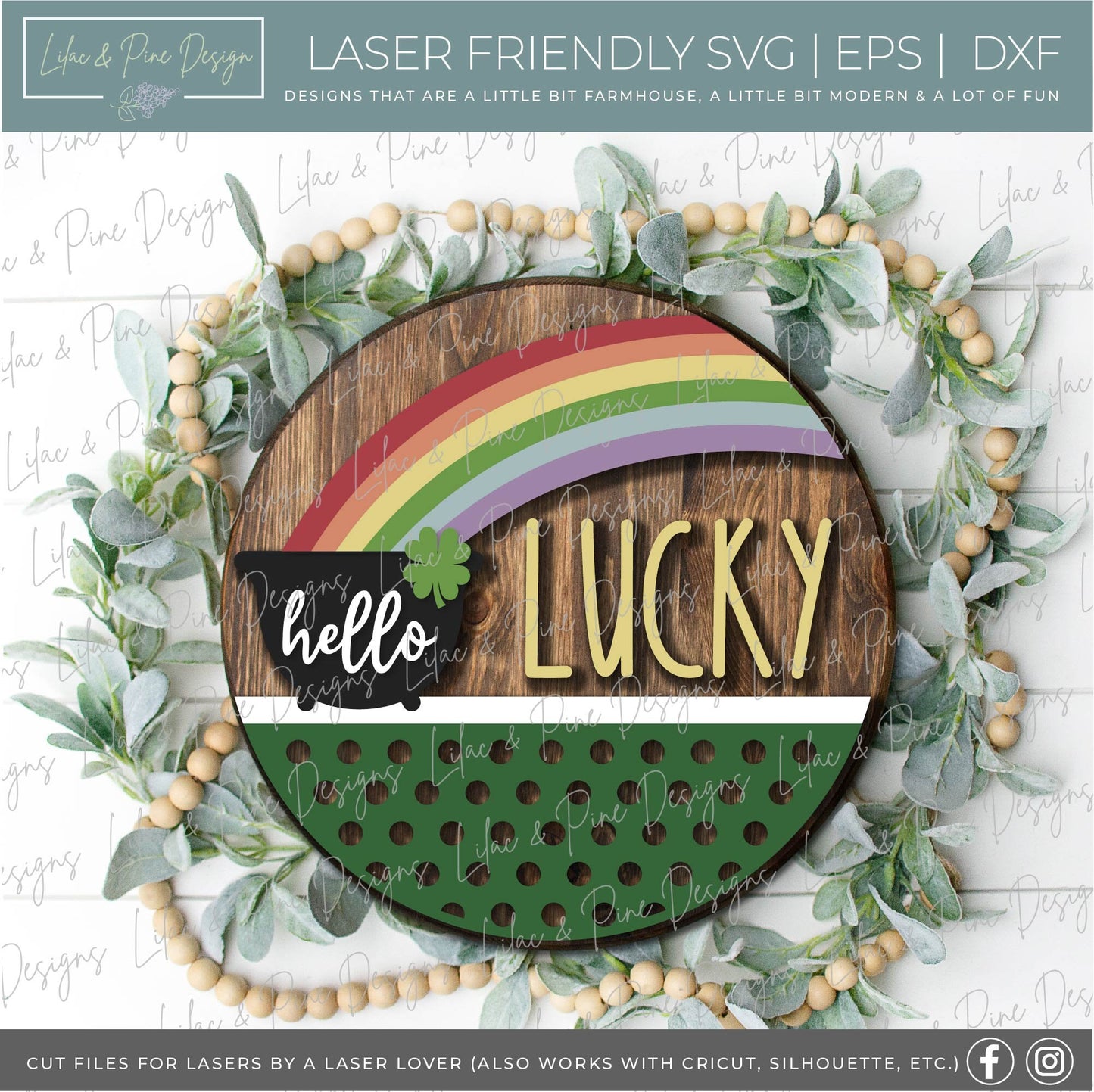 Hello Lucky door hanger SVG, St Patricks Day round welcome sign, pot of gold sign, shamrock SVG, St Paddy decor, Glowforge file, laser svg