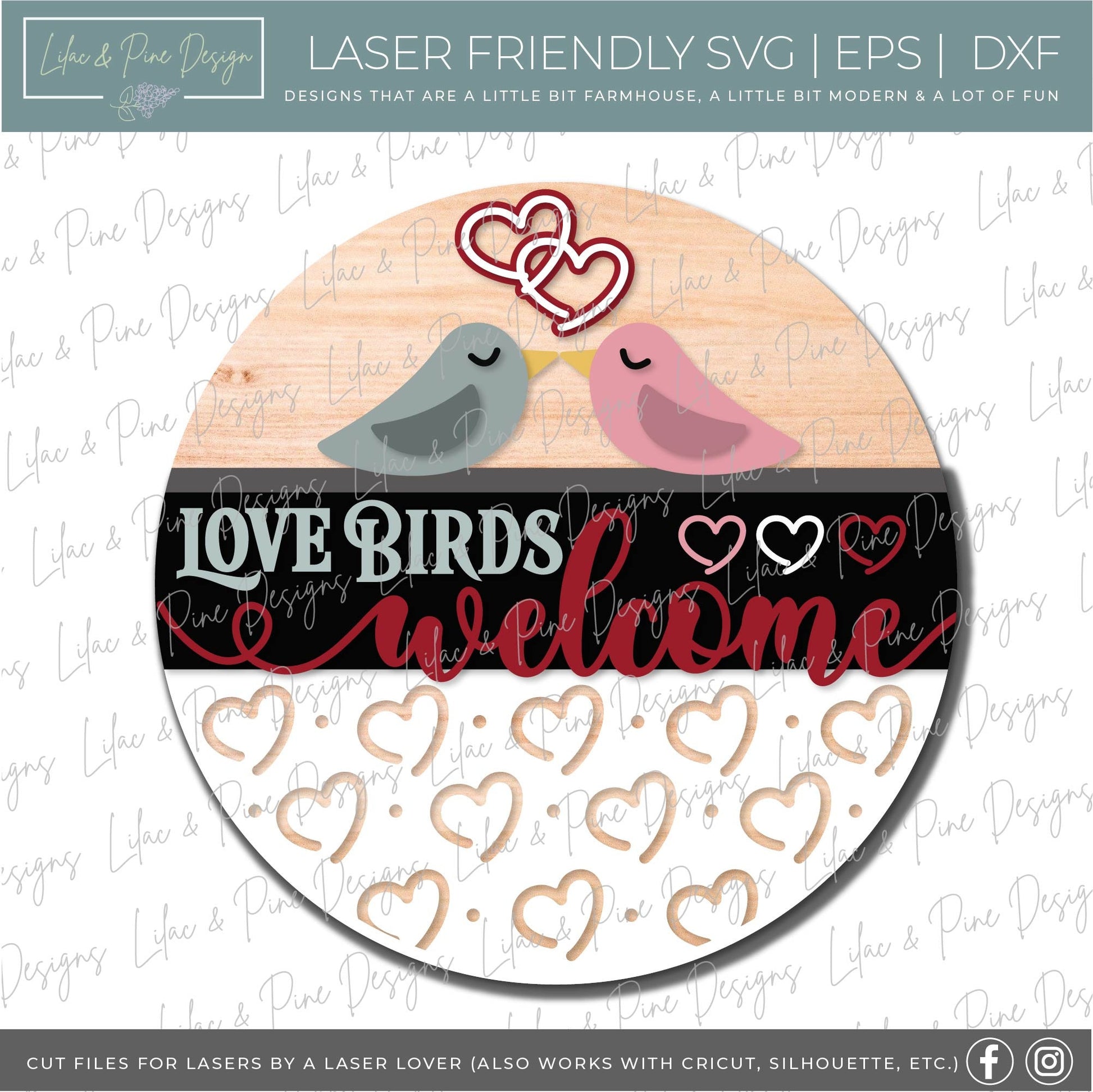 Love Birds Welcome sign SVG, Valentine door hanger, bird door round svg, heart pattern, Valentine door decor, Glowforge file, laser svg