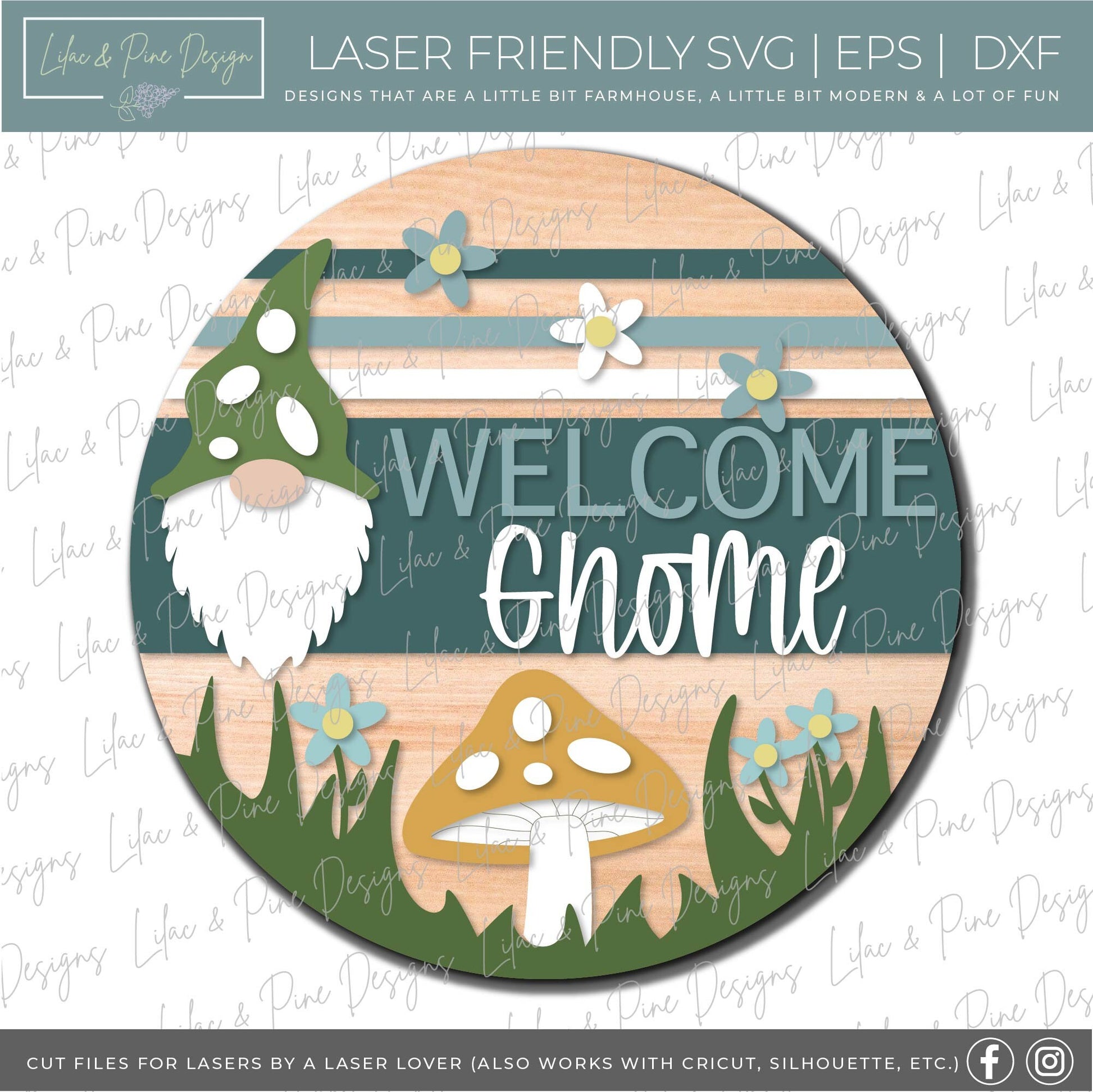Welcome Gnome door hanger, mushroom SVG, garden gnome SVG, welcome round SVG, fairy garden svg, gnome decor, Glowforge Svg, laser cut file