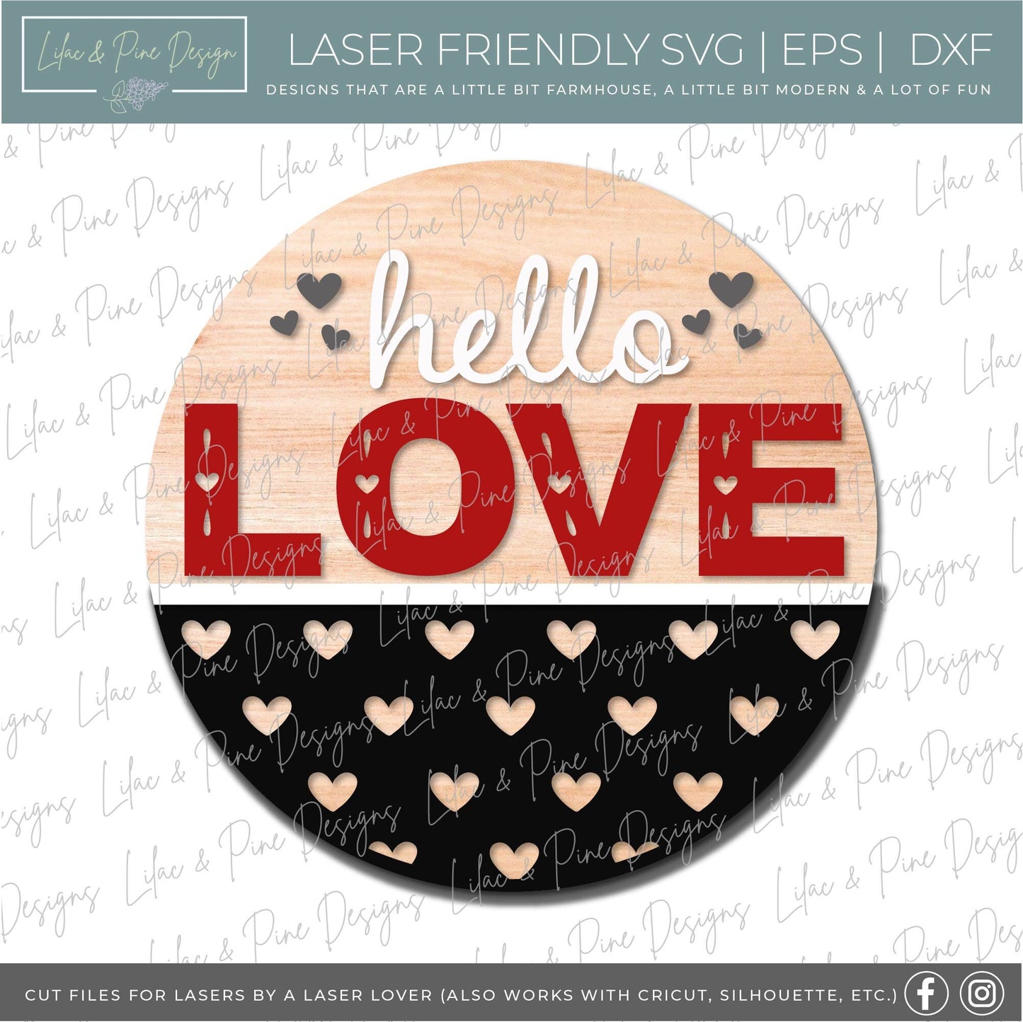 Hello Love door hanger SVG, Valentine door hanger, Love sign svg, heart patterned door round, Valentine decor, Glowforge Svg, laser cut file